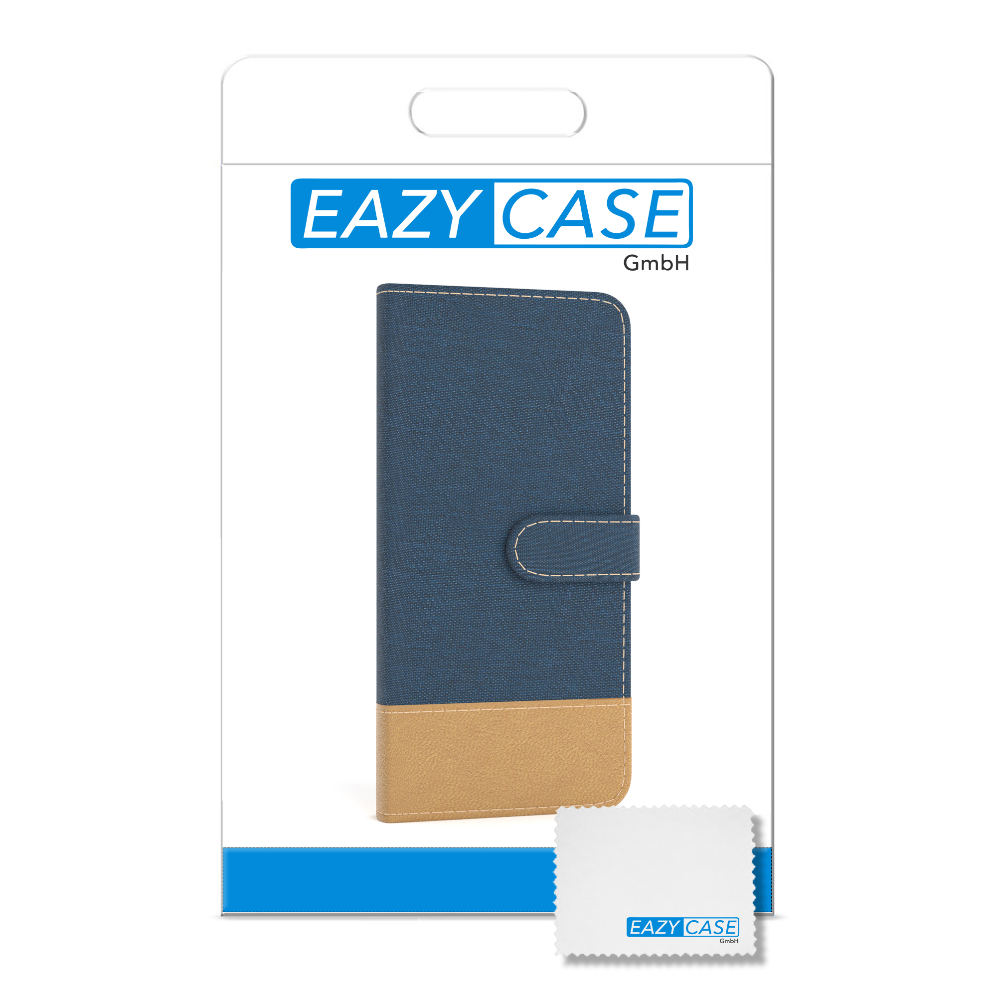 Eine Handyhülle in der Verpackung. Die Hülle ist blau und beige, mit einem Reinigungstuch.