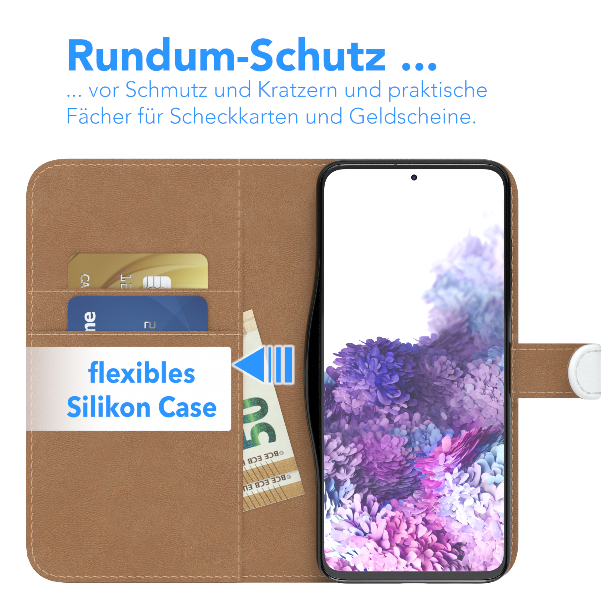 Handyhülle mit Karten und Geld, mit einem Telefon, das eine violette Szene auf dem Bildschirm anzeigt.
