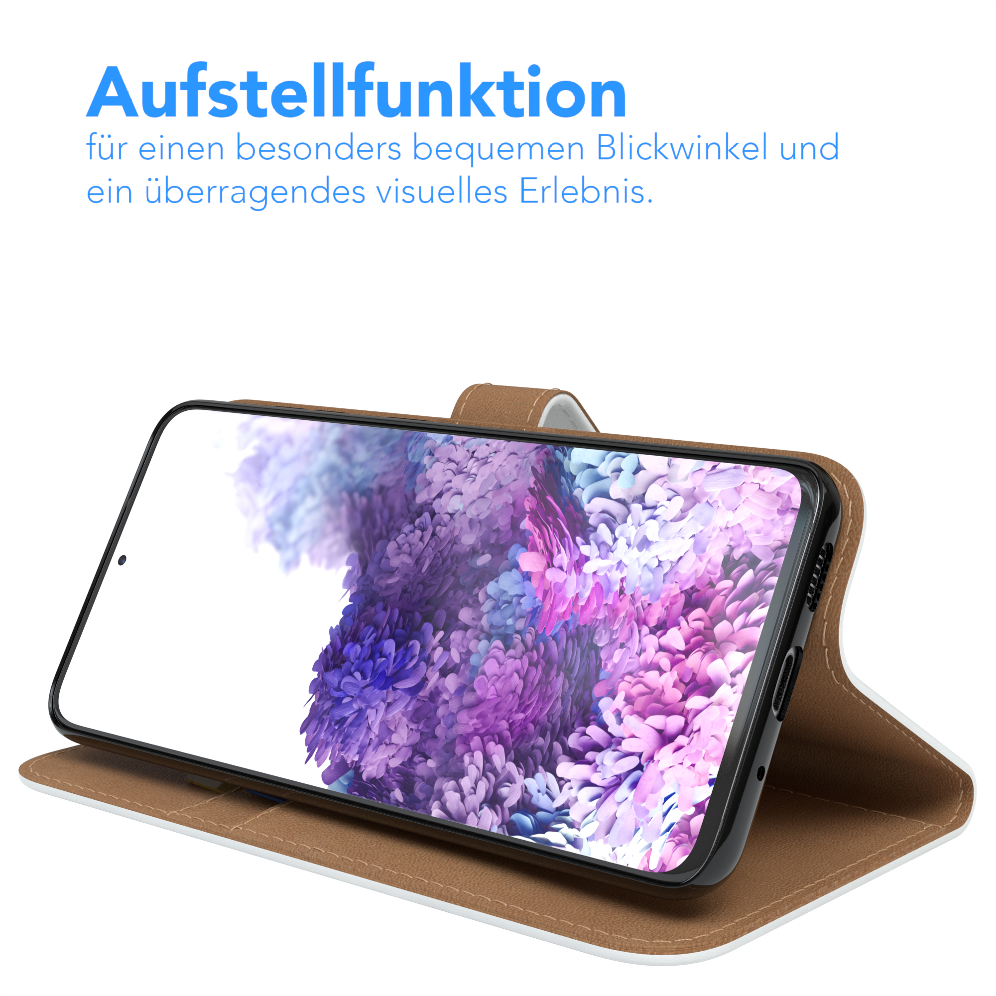 Telefon in einem hochgestellten Case, das einen Bildschirm zeigt. Braunes und weißes Case mit Kartenfach.