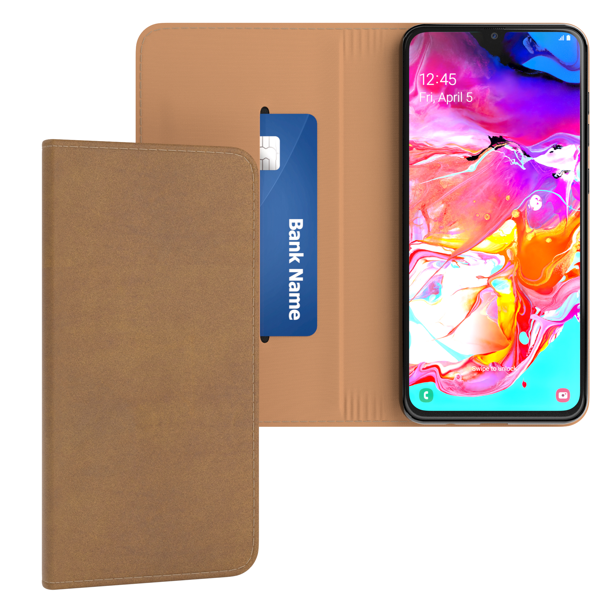 Braunes Handycase offen, zeigt Kreditkarte und Telefonbildschirm.