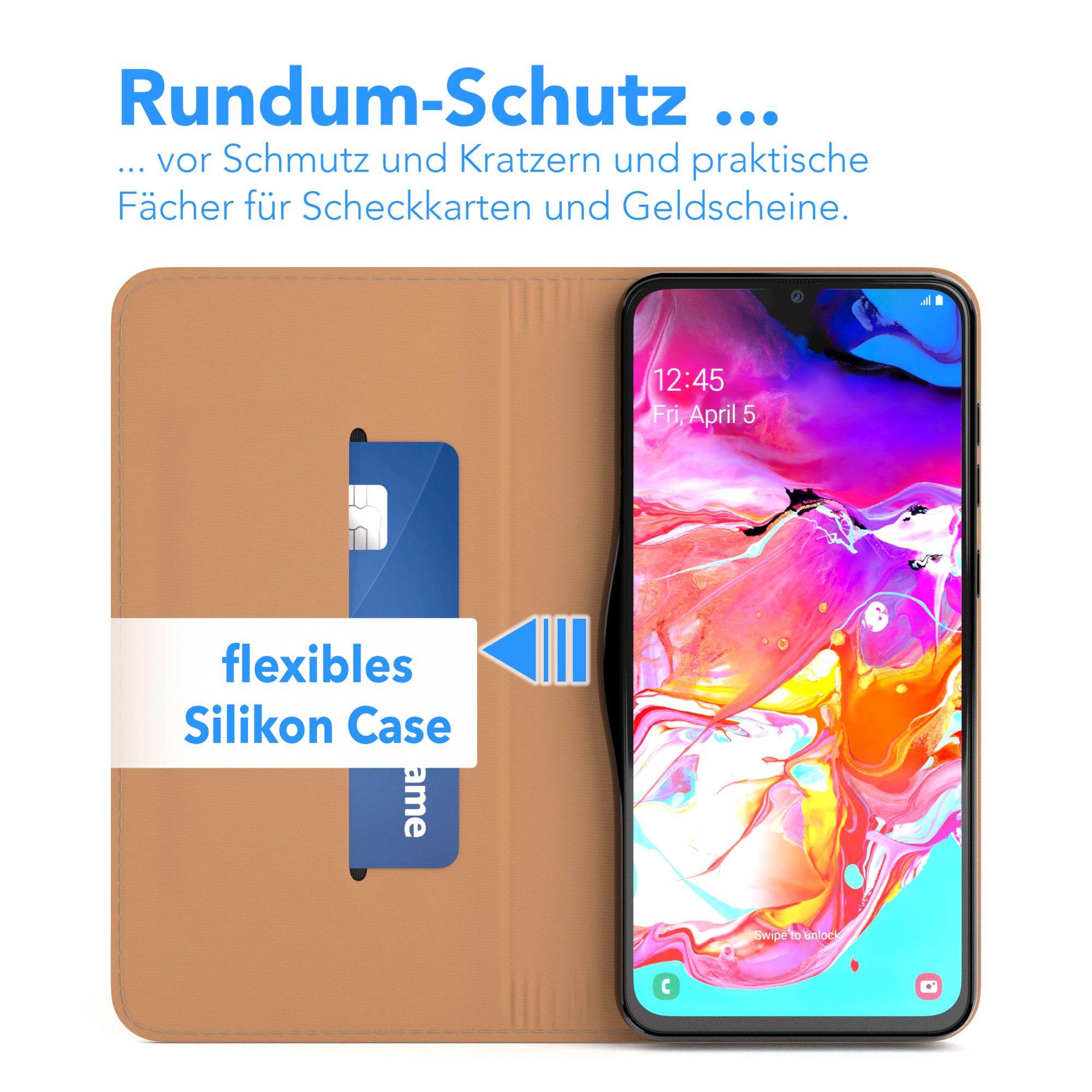 Telefon in brauner Hülle mit Kreditkarte. Text: flexible Silikonhülle. Tanfarbener Hintergrund.