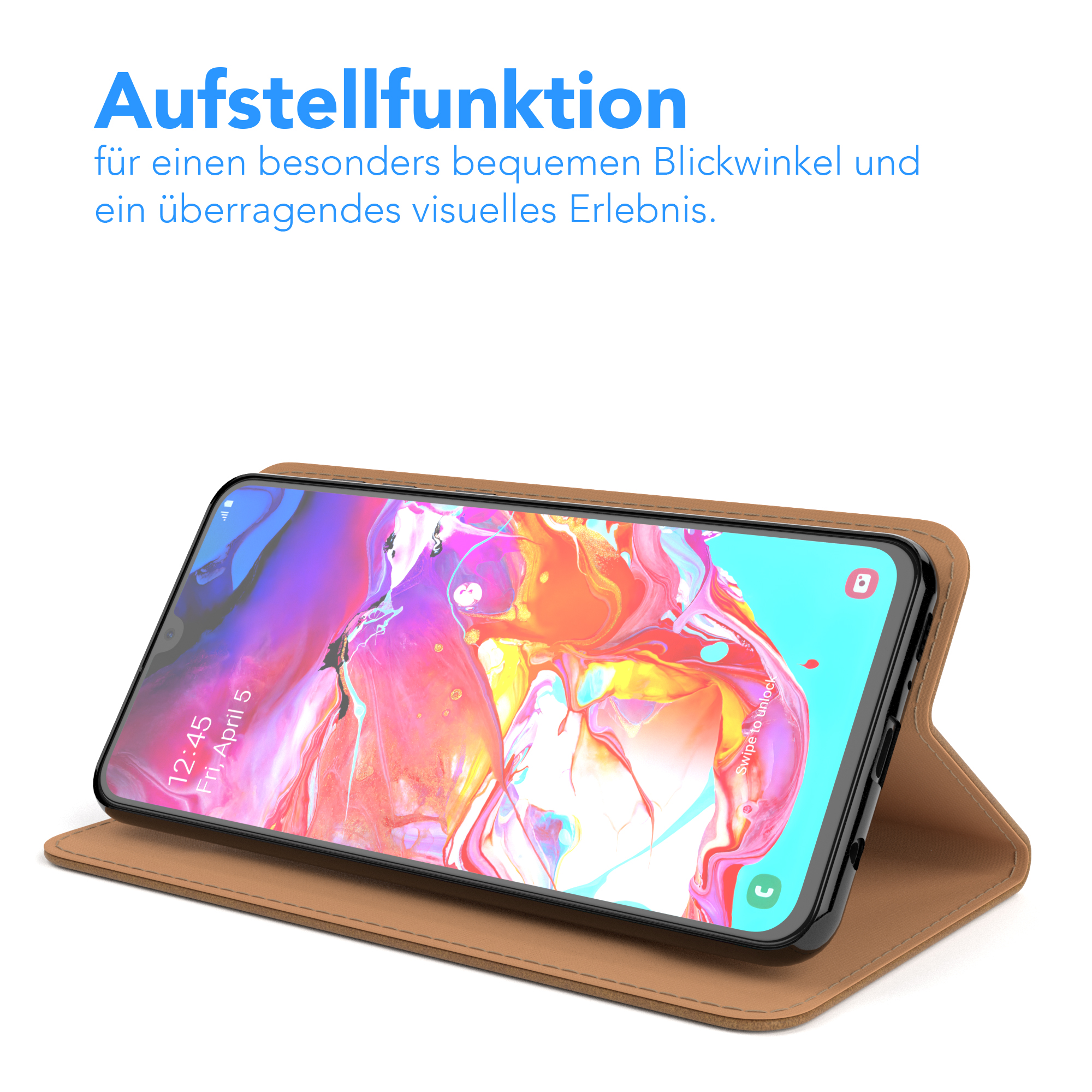Ein Telefon in einer braunen Hülle, abgewinkelt zur Ansicht.