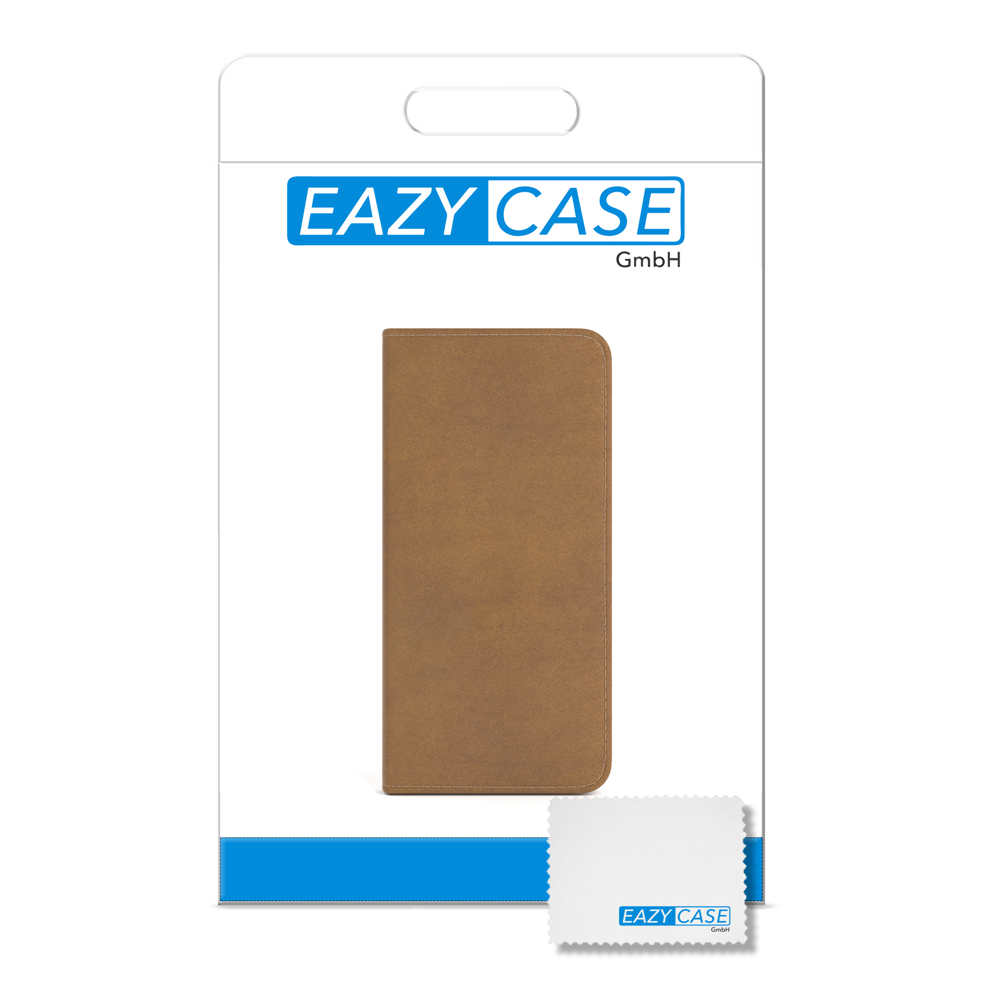 Weiße Verpackung einer braunen Handyhülle mit EAZY CASE Logo und einem Reinigungstuch.