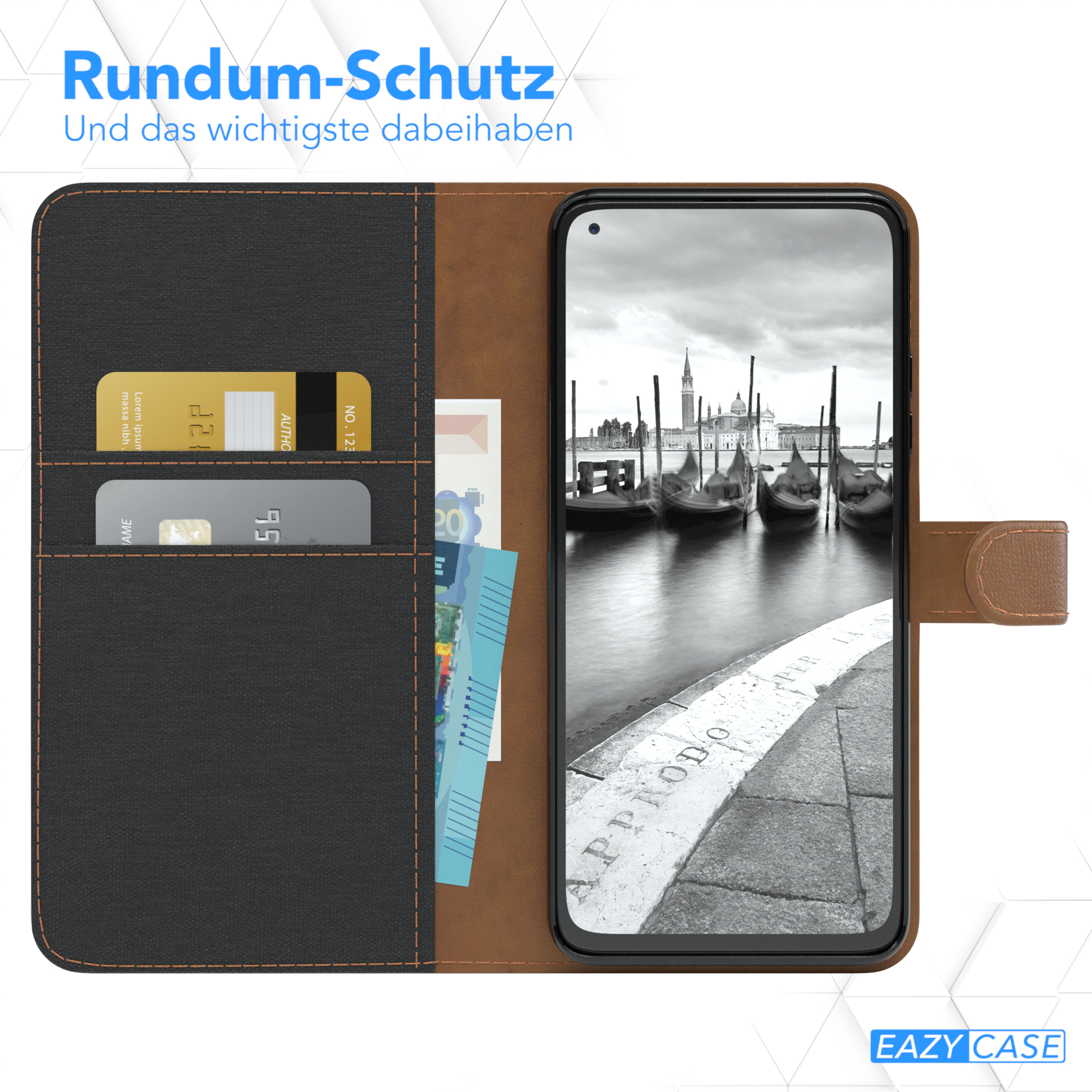 Braune Leder-Handyhülle, geöffnet, mit Telefon und Karten. Stadtansicht auf dem Bildschirm.