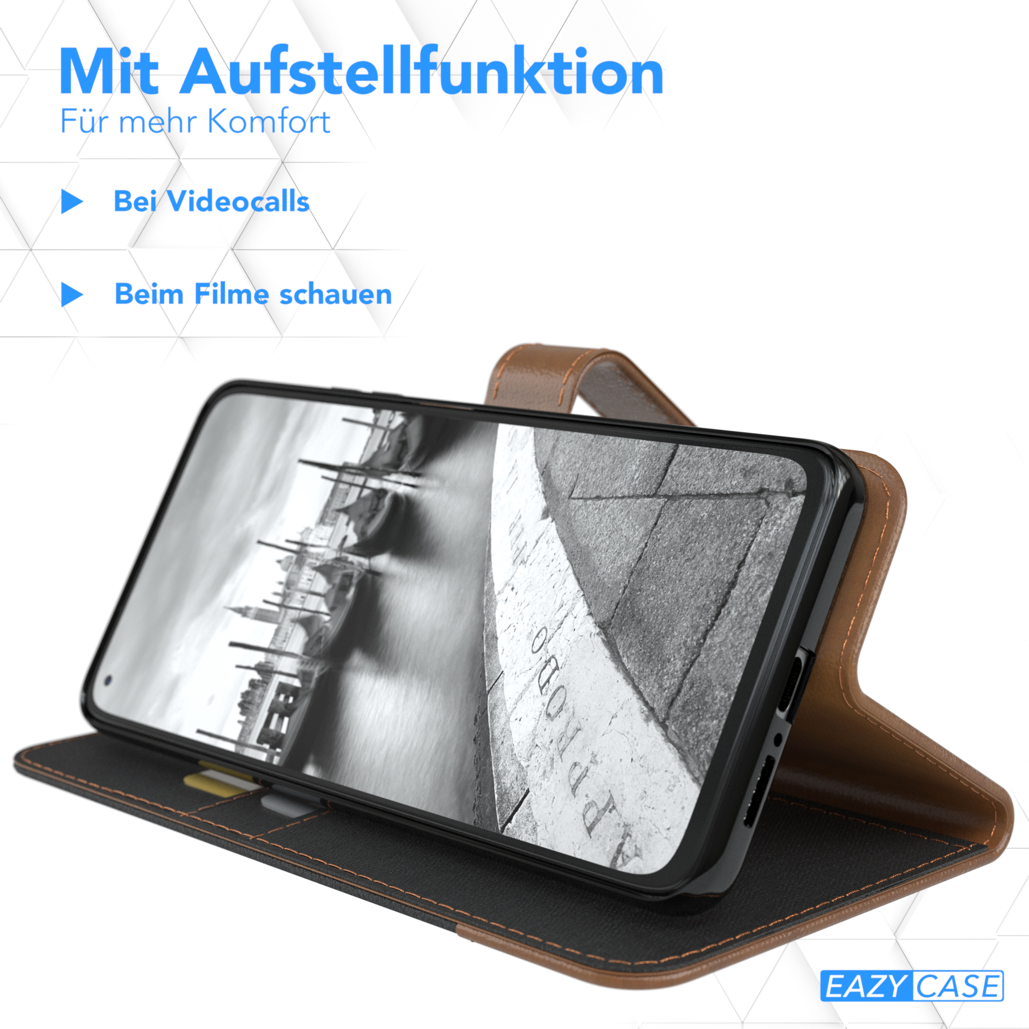 Ein Telefon in einer braunen Brieftaschenhülle, Bildschirm zeigt ein Bild, Text über Unterstützung.