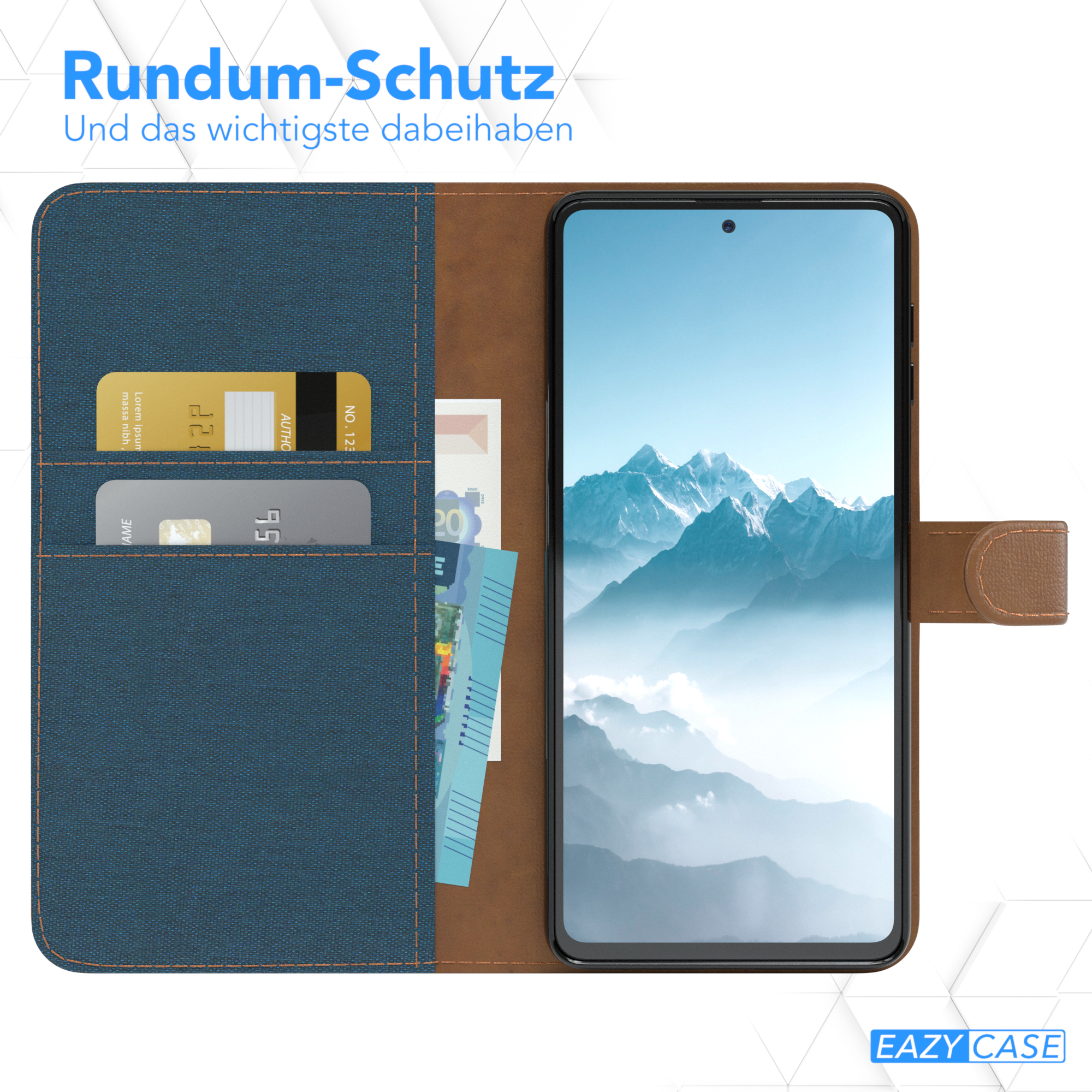 Geöffnete Handyhülle mit Kreditkarten und Geld darin. Text: Rundum-Schutz. EAZY CASE.