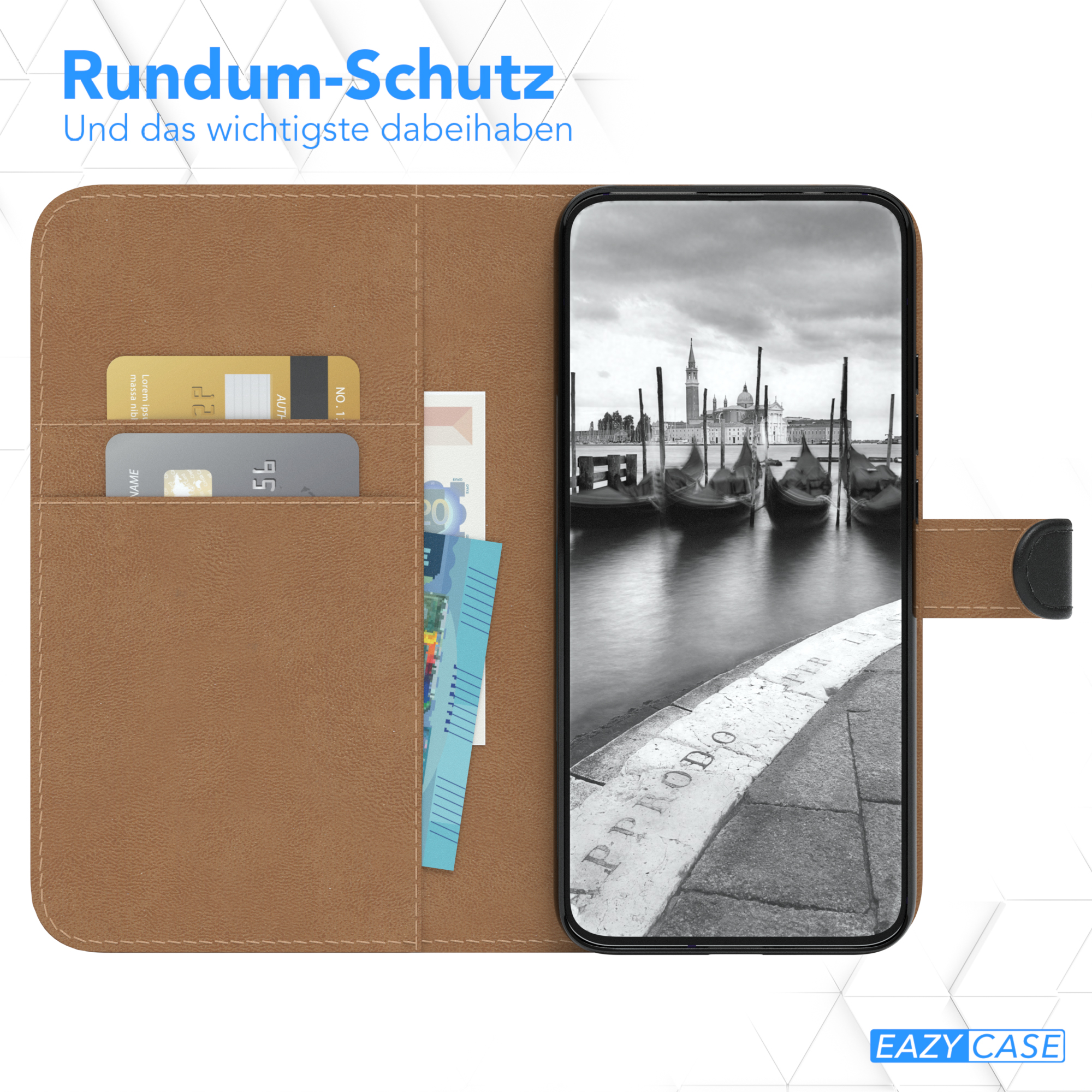 Telefon in brauner Hülle mit Karten und Geld. Der Bildschirm zeigt eine venezianische Szene. Hülle ist offen.