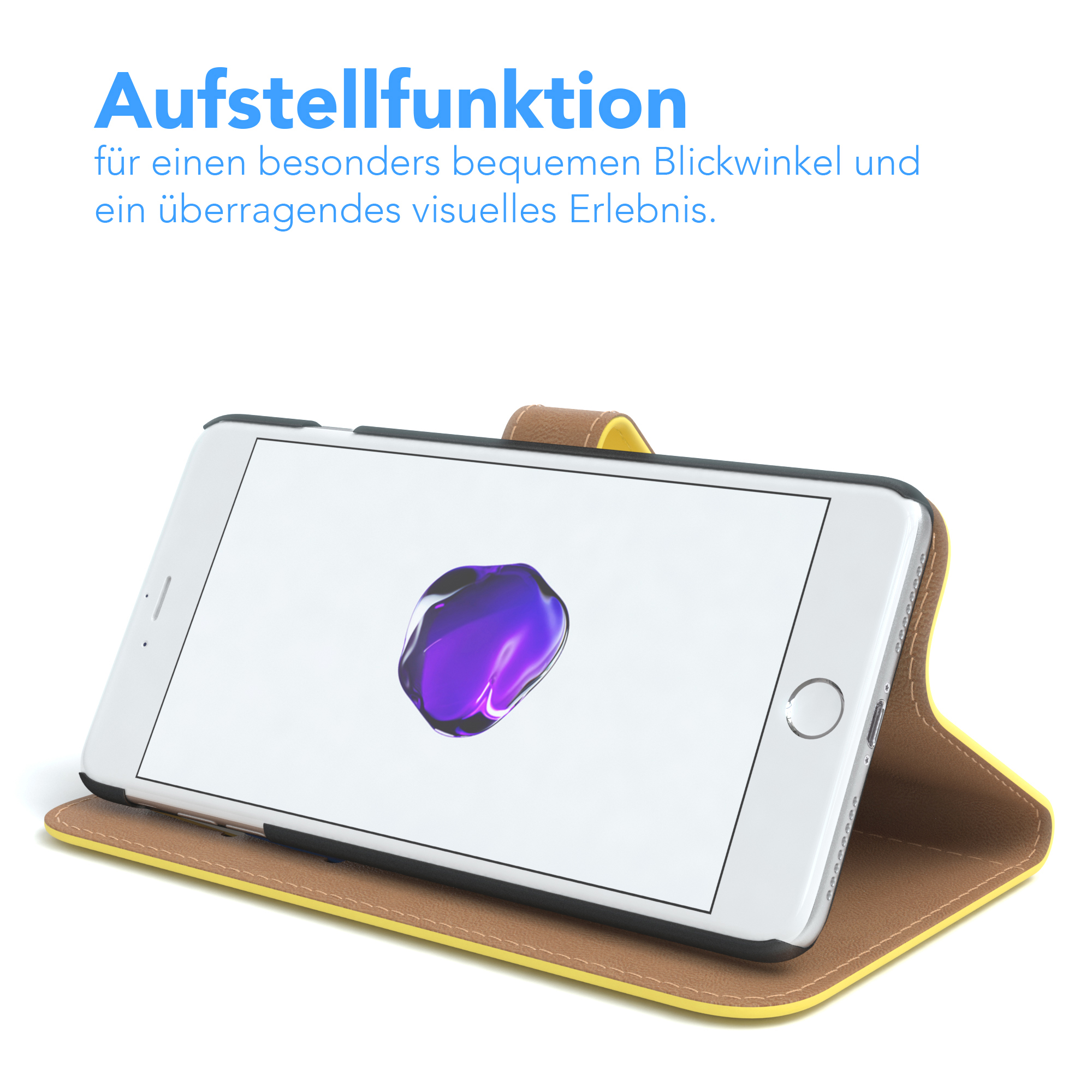 Weißes Telefon in einer Hülle, in aufrechter Position.