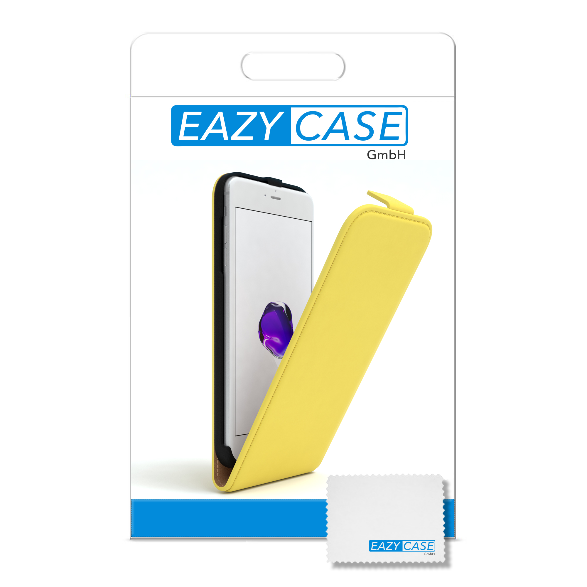 Gelbe Handyhülle in Verpackung, mit einem Reinigungstuch. EAZY CASE Logo.