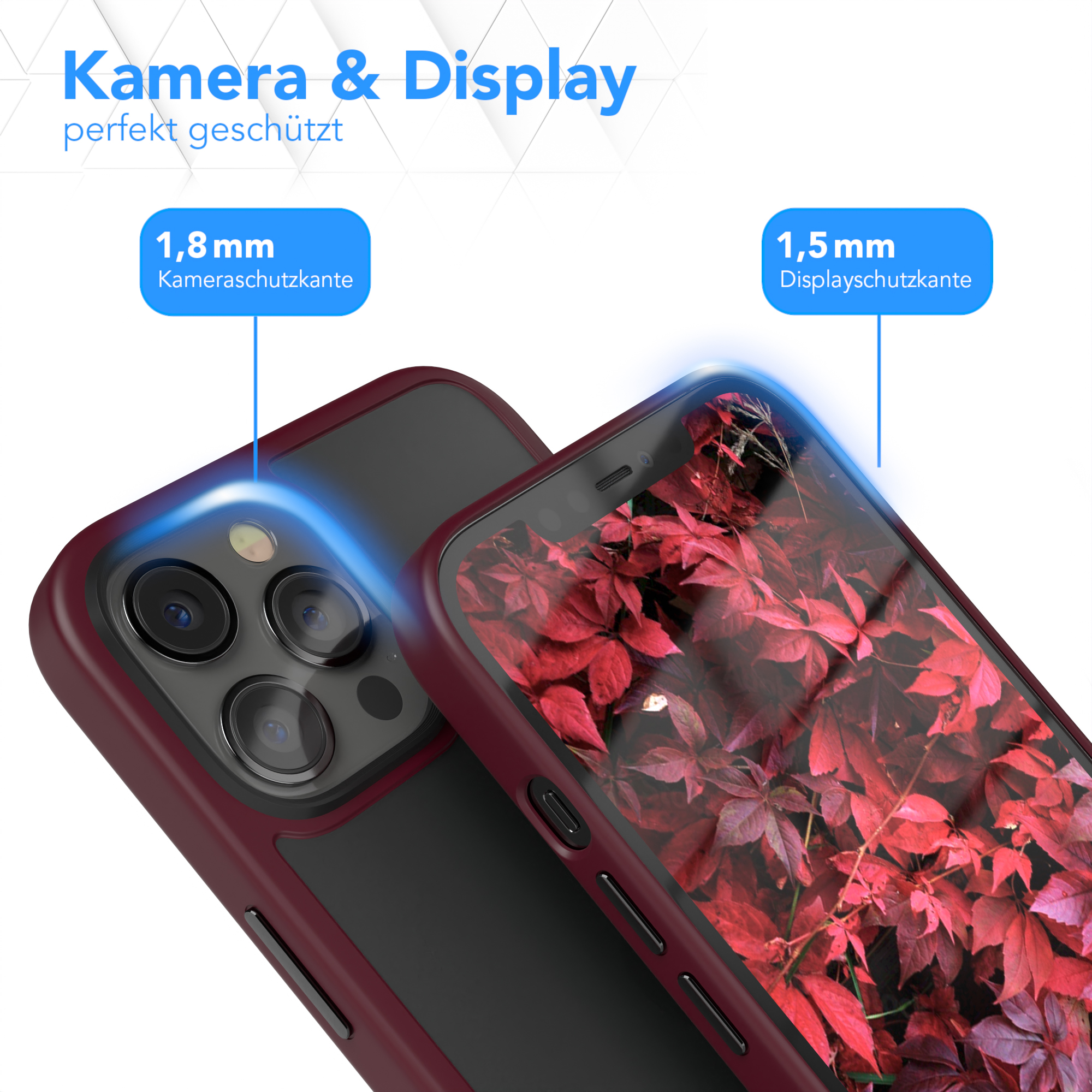 Handyhülle mit Kamera- und Displayschutz. Text: Kamera und Display geschützt.