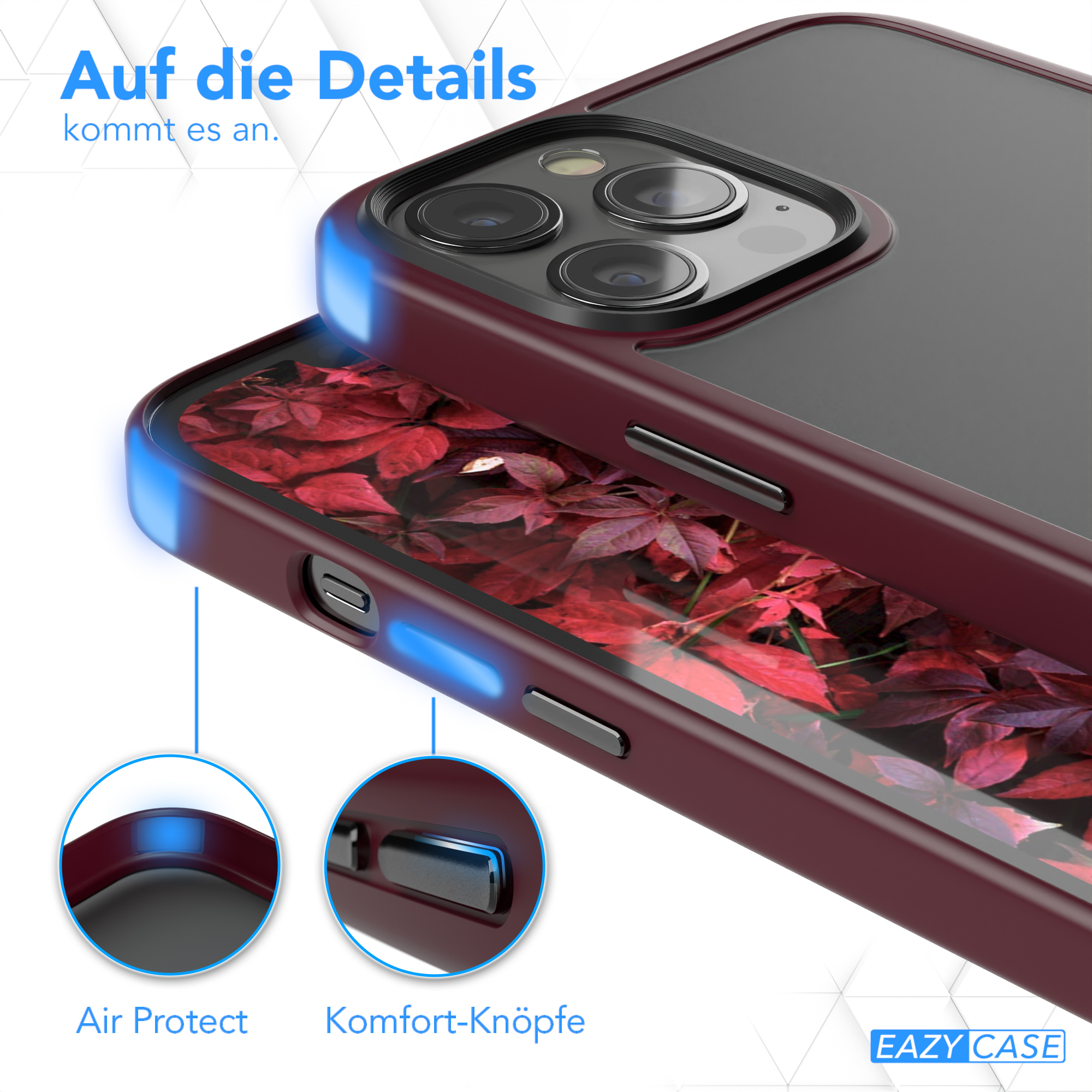 Nahaufnahme einer Handyhülle mit Air Protect und Komfortknöpfen, rotes Design.