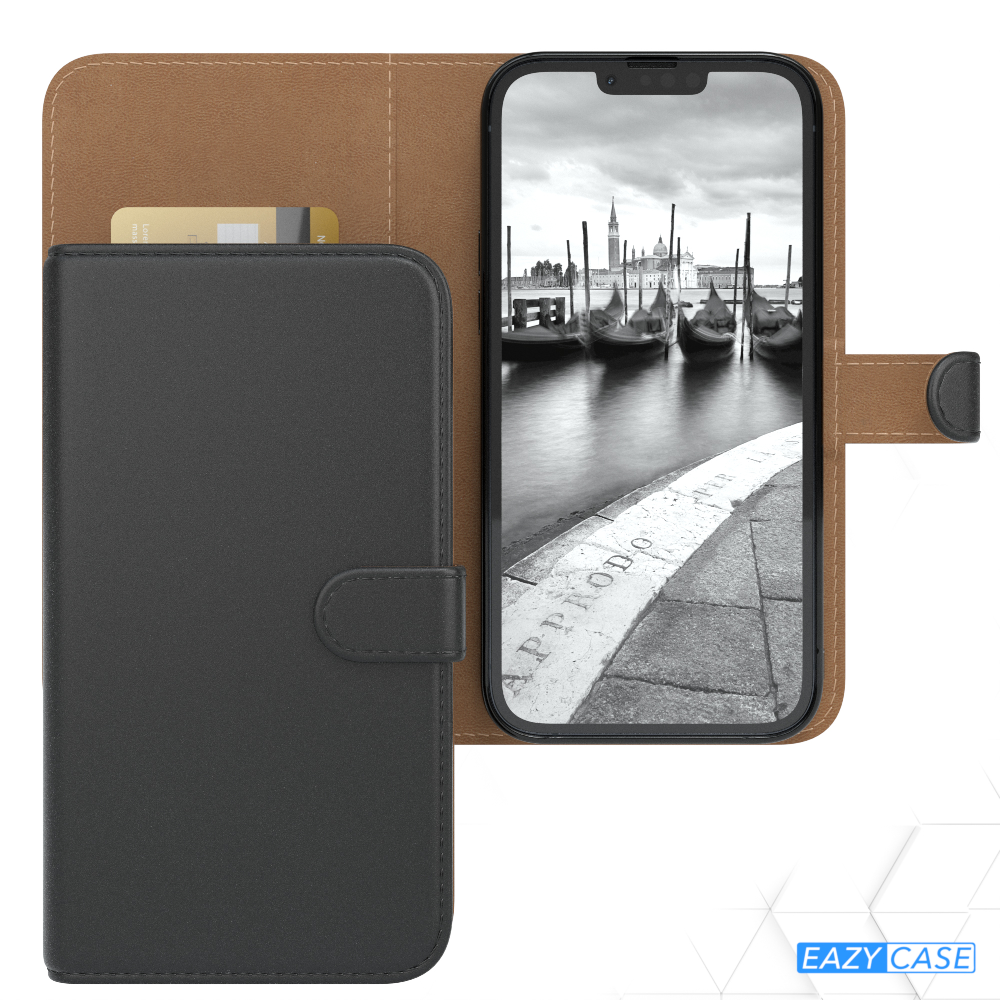 Telefon in schwarzem Case, zeigt Gondeln auf dem Wasser. Schwarz-Weiß-Bild.