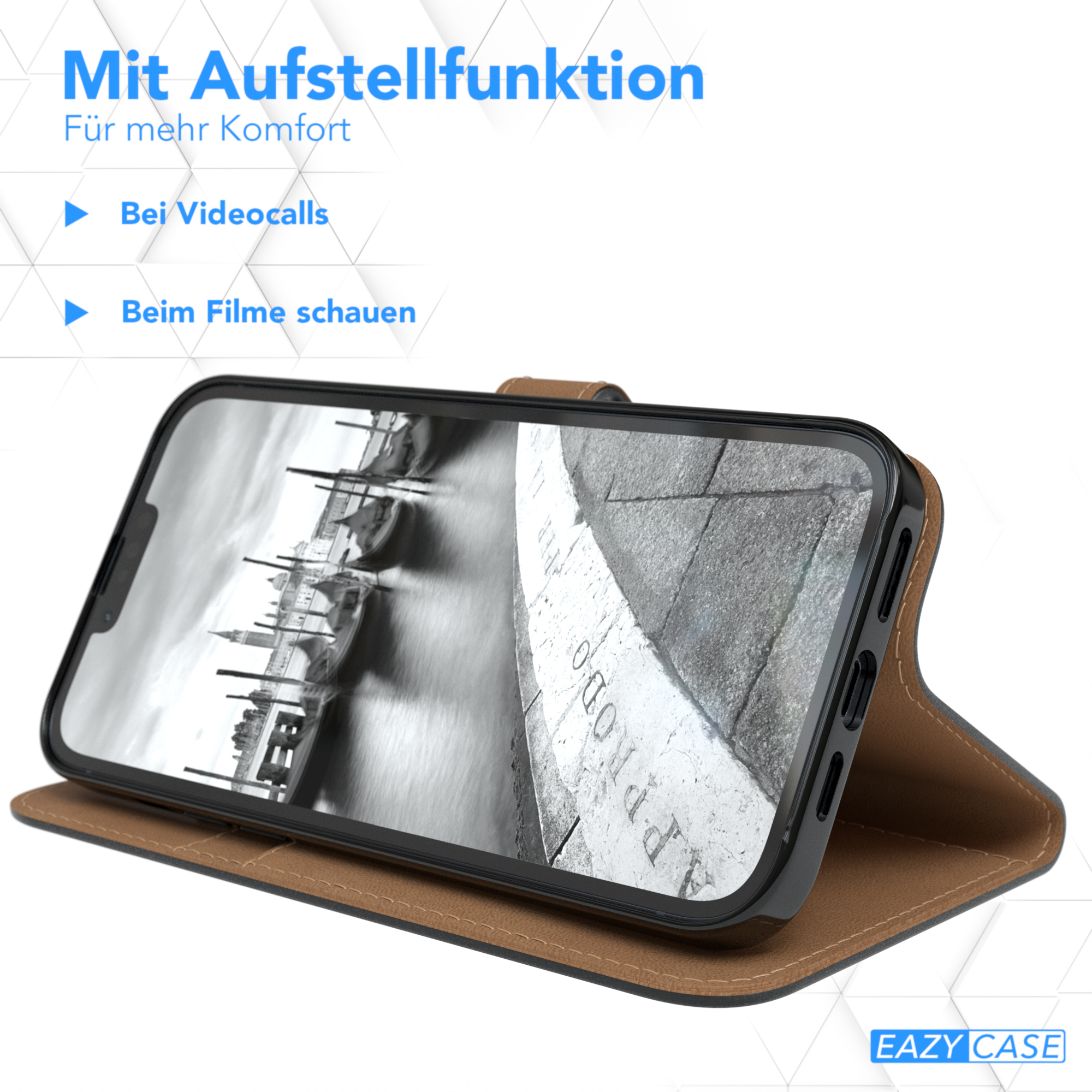 Telefon in einem Gehäuse aufgestellt. Text: Mit Aufstellfunktion.