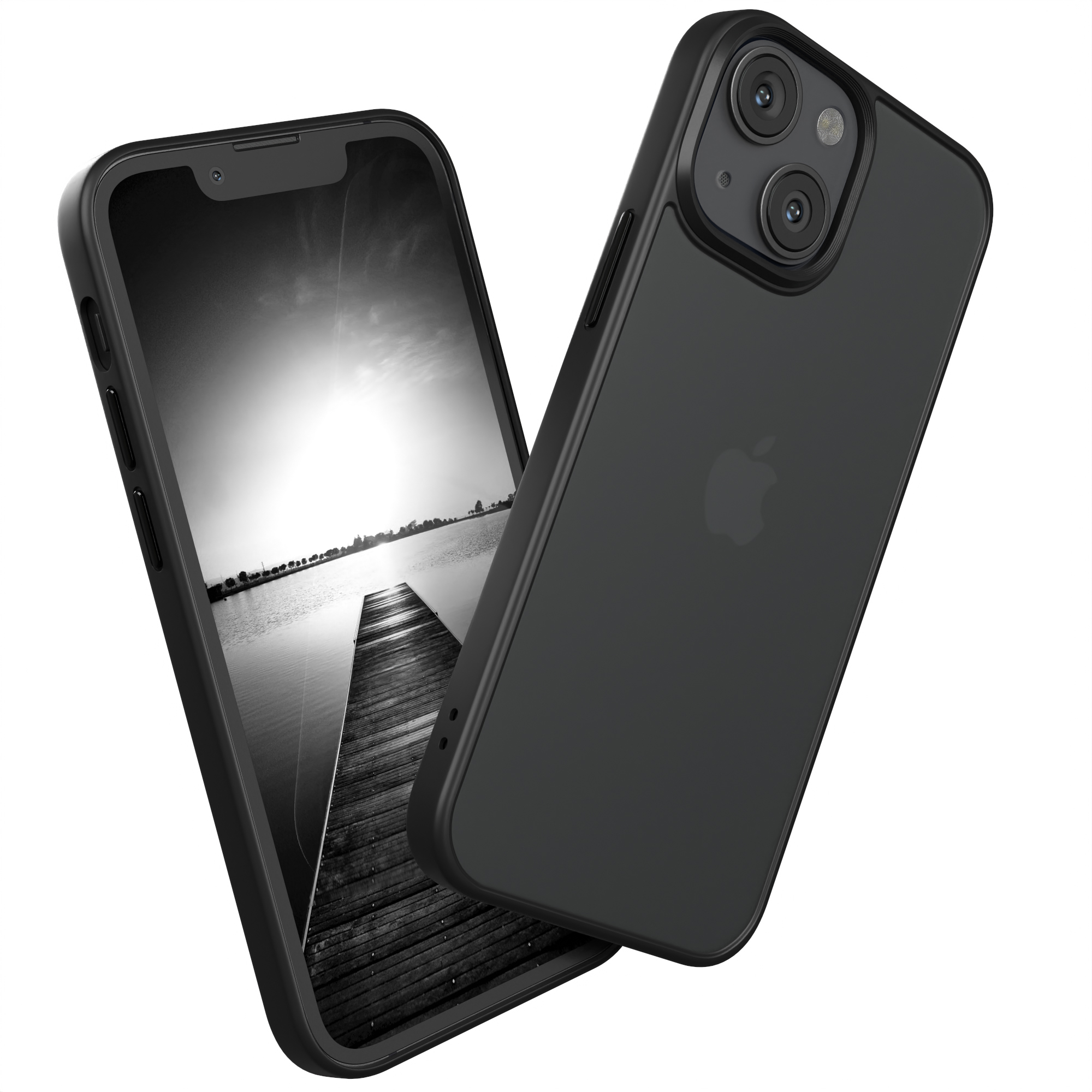 Schwarzes iPhone links, schwarze Hülle rechts, beide geneigt. Schwarz-weißer Landschaftshintergrund.