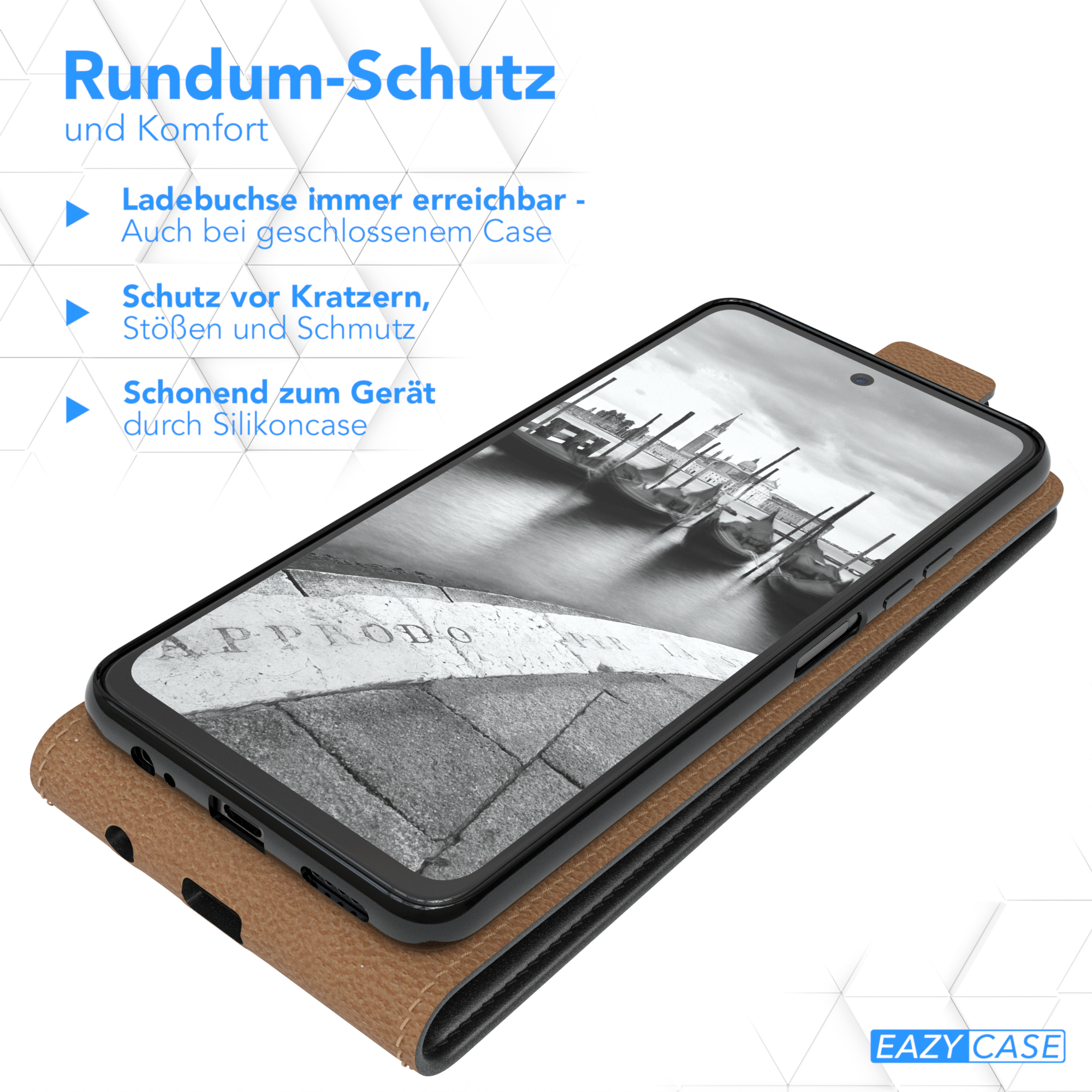 Telefon in brauner Hülle mit Text und Symbolen, auf weißer Fläche.