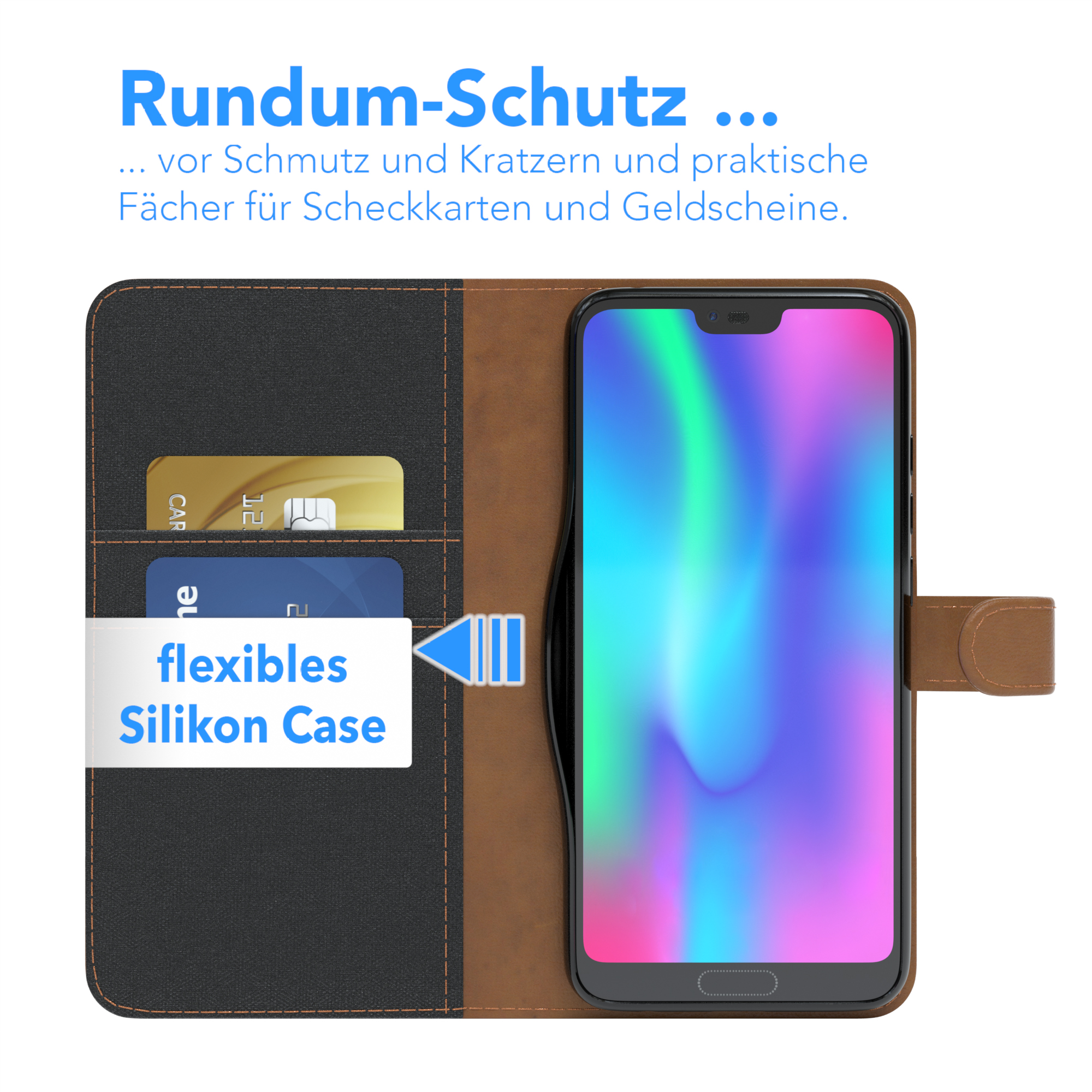 Telefon in einer Hülle mit Karten. Hülle ist braun und schwarz. Der Hintergrund ist weiß und der Bildschirm sichtbar.