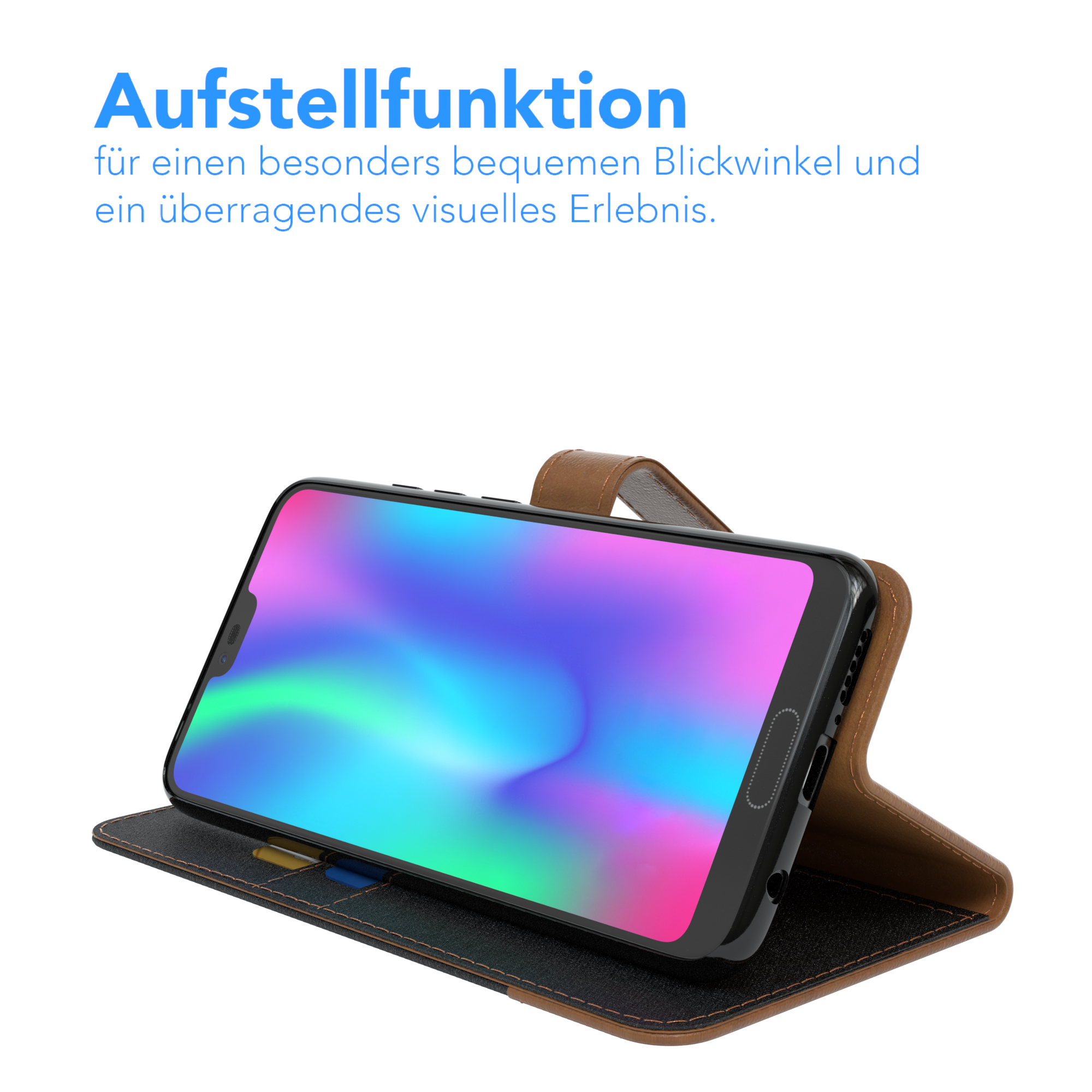 Telefon in einer braunen Hülle, hochgestellt. Bildschirm zum Betrachter, zeigt eine Anzeige.