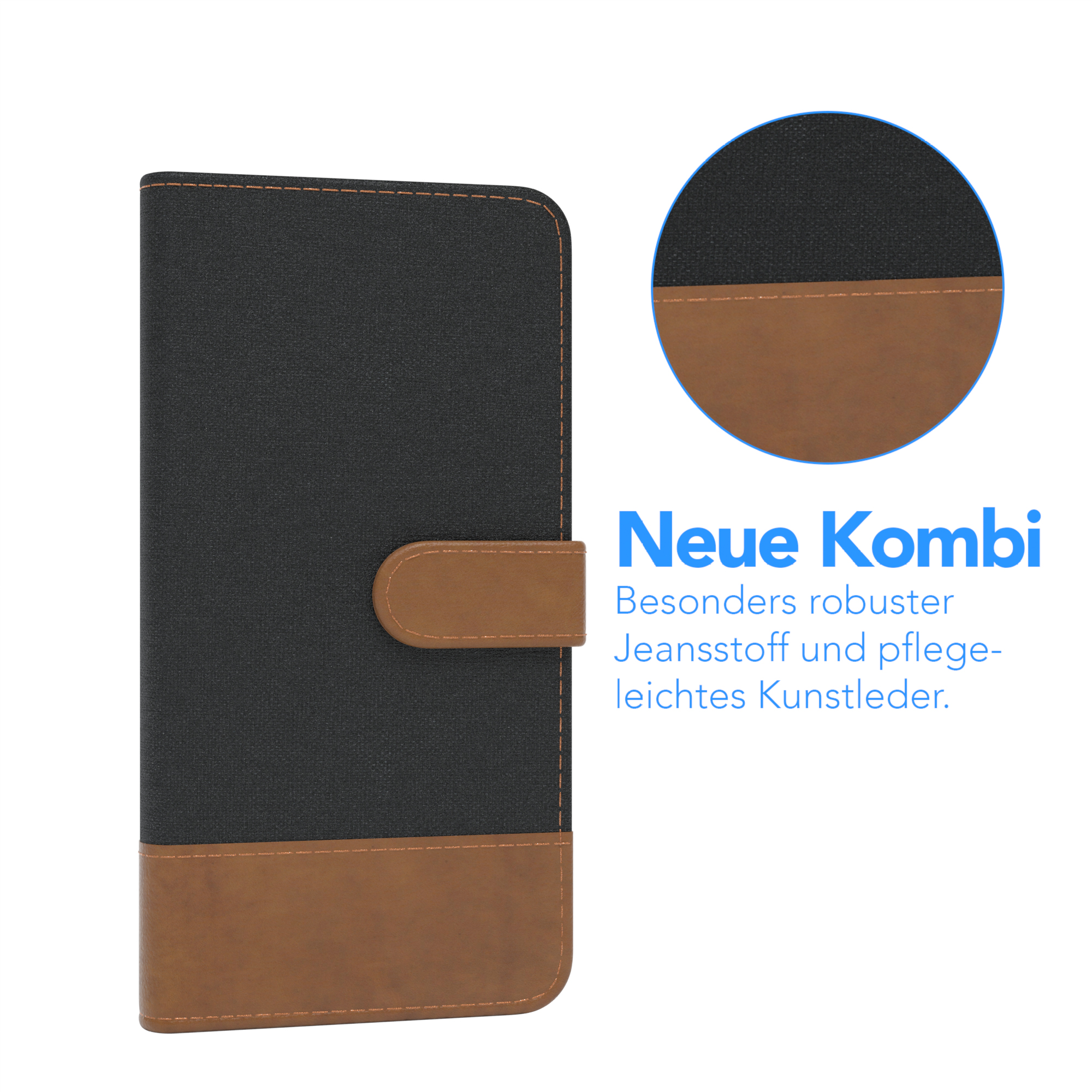 Handyhülle, schwarz und braun, mit Fokus auf der Textur. Text: Neue Kombi.