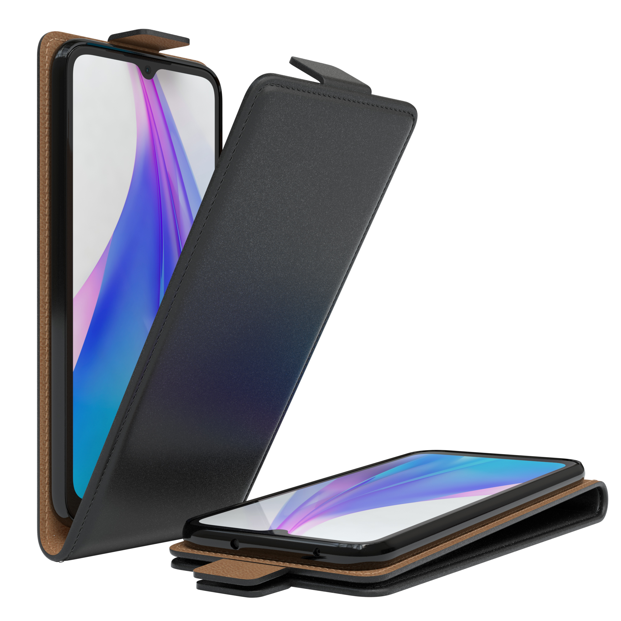 Handyhülle mit Auf-Zu-Design. Telefon innen sichtbar. Schwarze Außenseite, braune Innenseite.