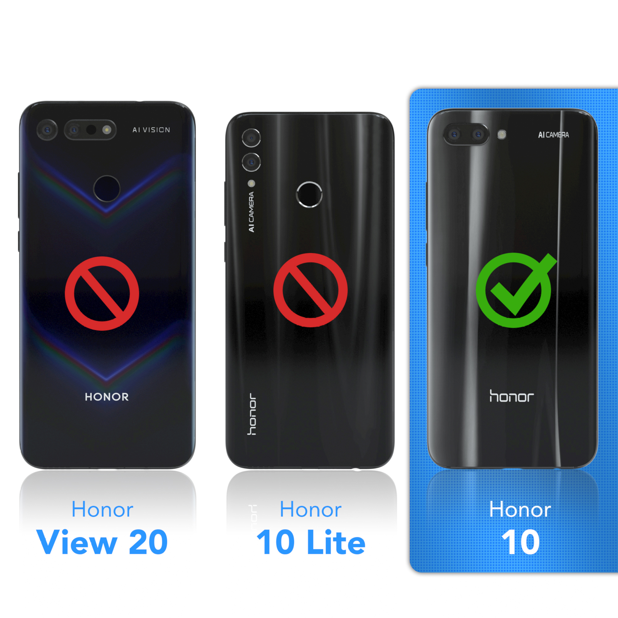 Drei Telefone zeigen das Rückendesign. Honor View 20, Honor 10 Lite und Honor 10.