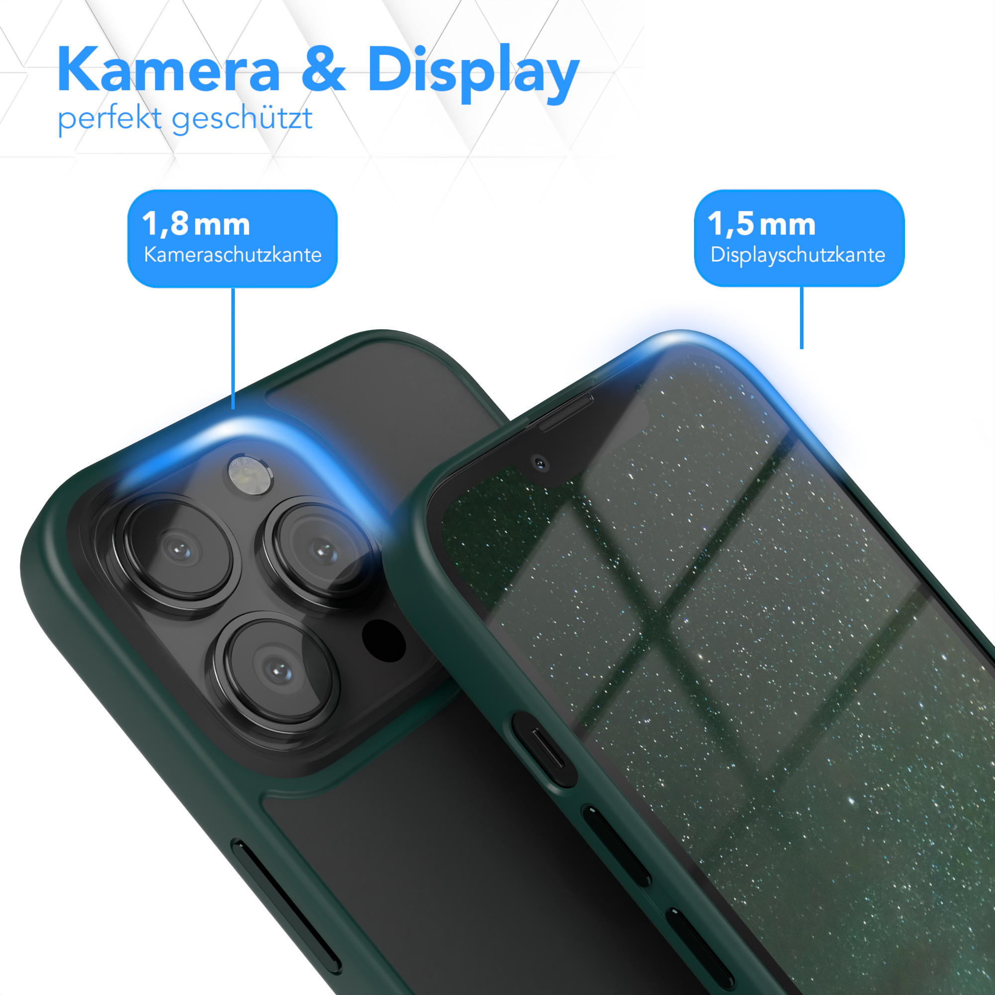 Zwei Telefone, eines in grüner Hülle. Text: Kamera & Display perfekt geschützt.