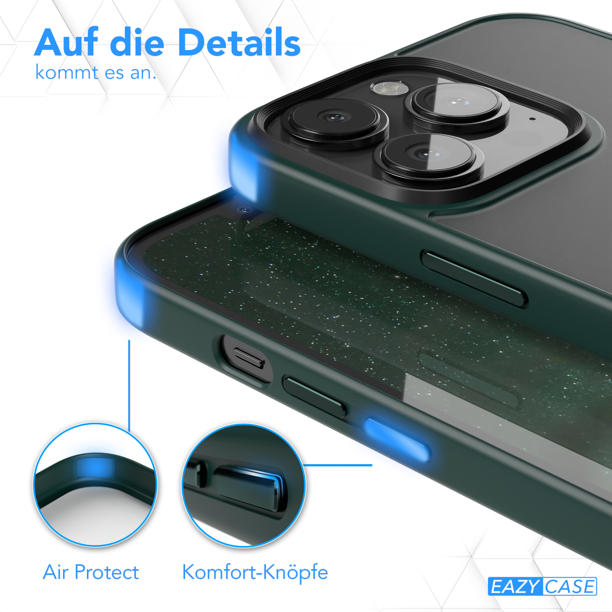 Nahaufnahme einer Handyhülle. Zeigt Air Protect-Ecken, Komforttasten und das grüne Innere der Hülle.