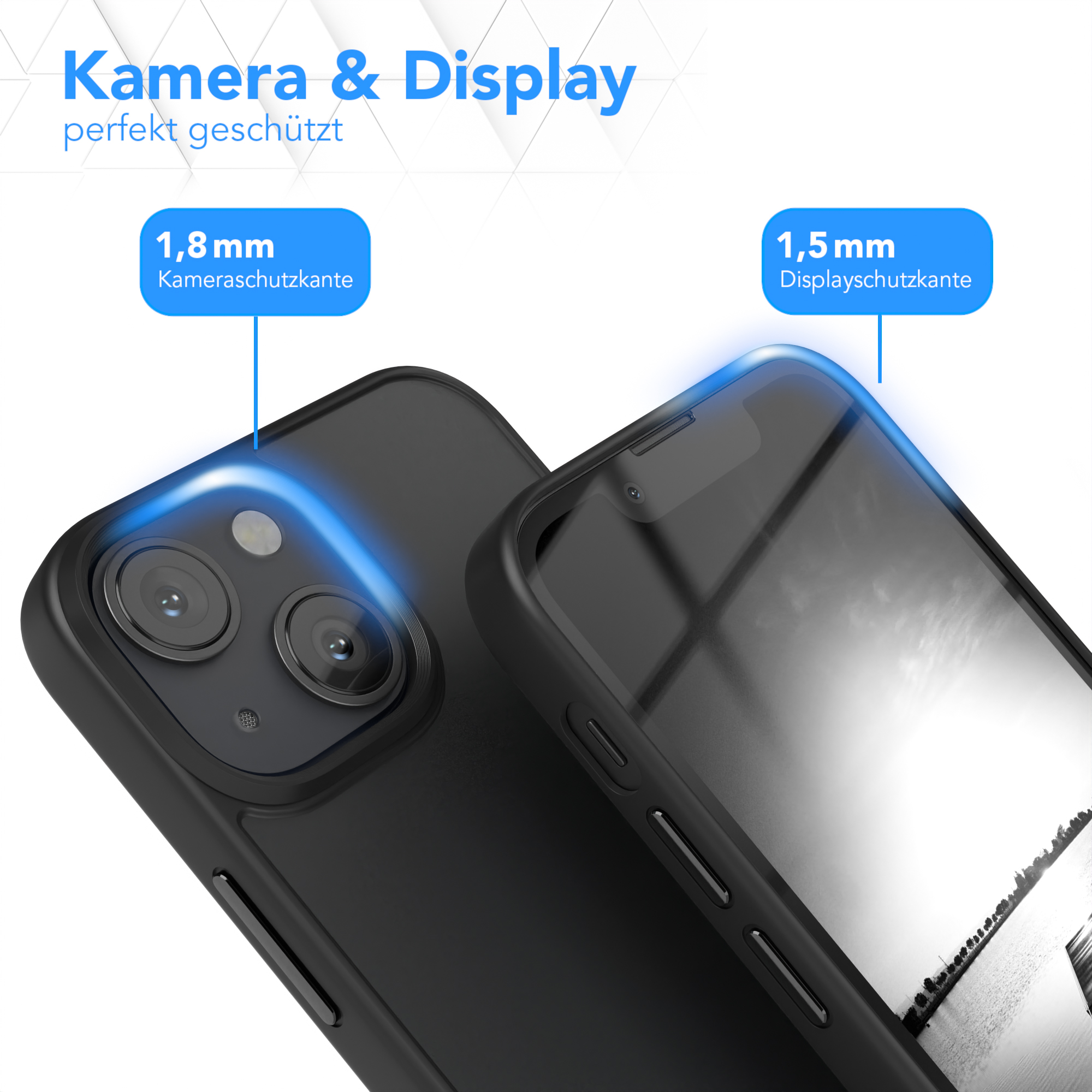 Zwei schwarze Handyhüllen nebeneinander, mit einem Telefon in einer davon. Es gibt blaue Highlights.