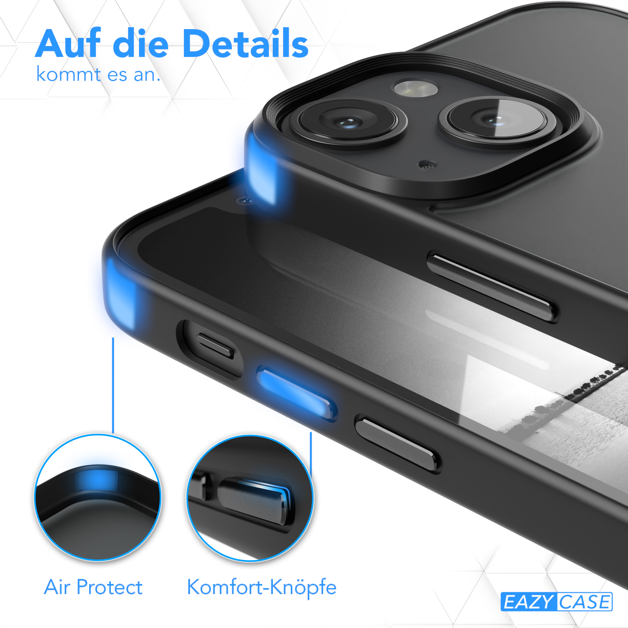 Nahaufnahme der Handyhülle mit Air-Protect- und Komfort-Tasten-Funktionen hervorgehoben.