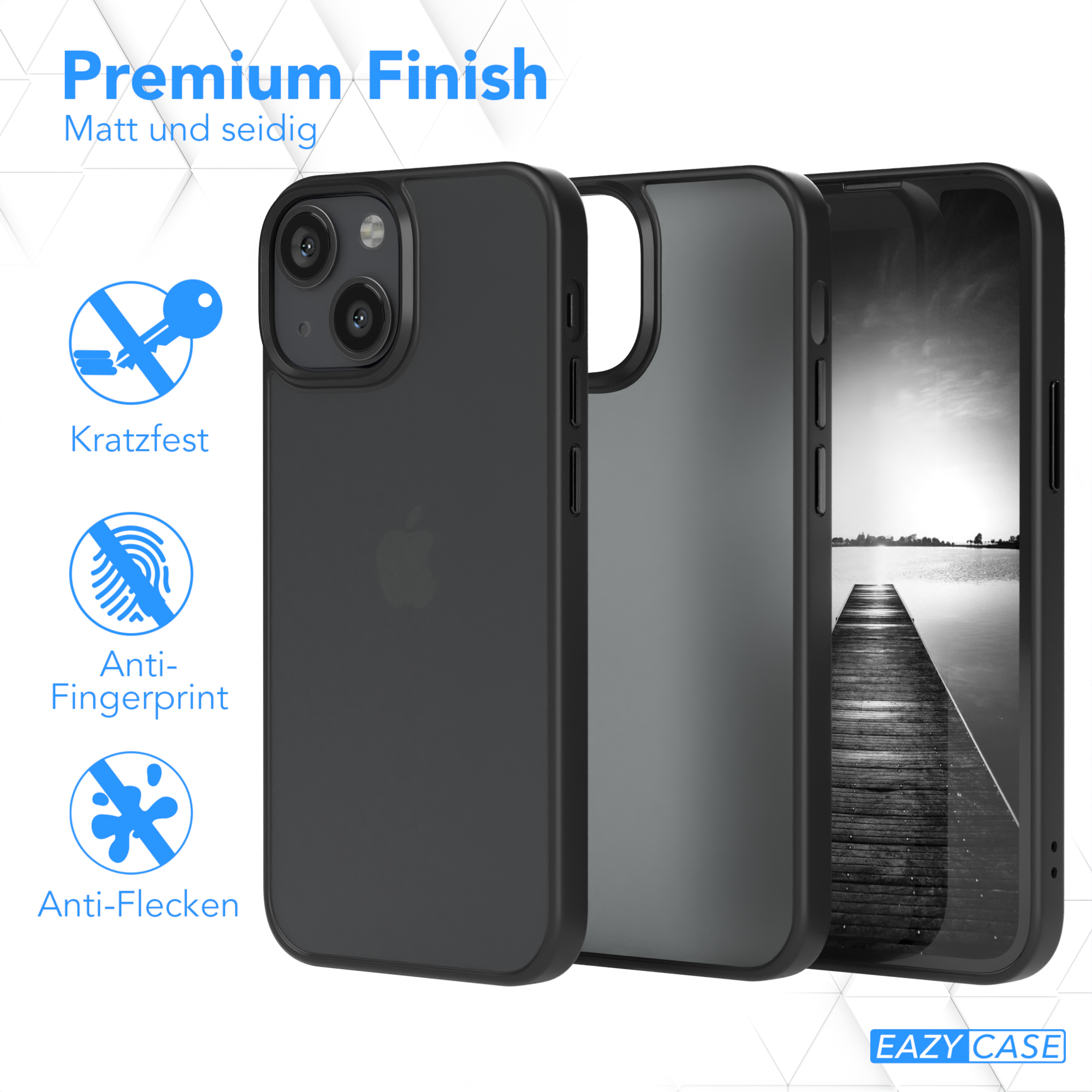 Schwarze iPhone-Hülle mit drei Farboptionen und Kratz-, Fingerabdruck- und Fleckenresistenz.