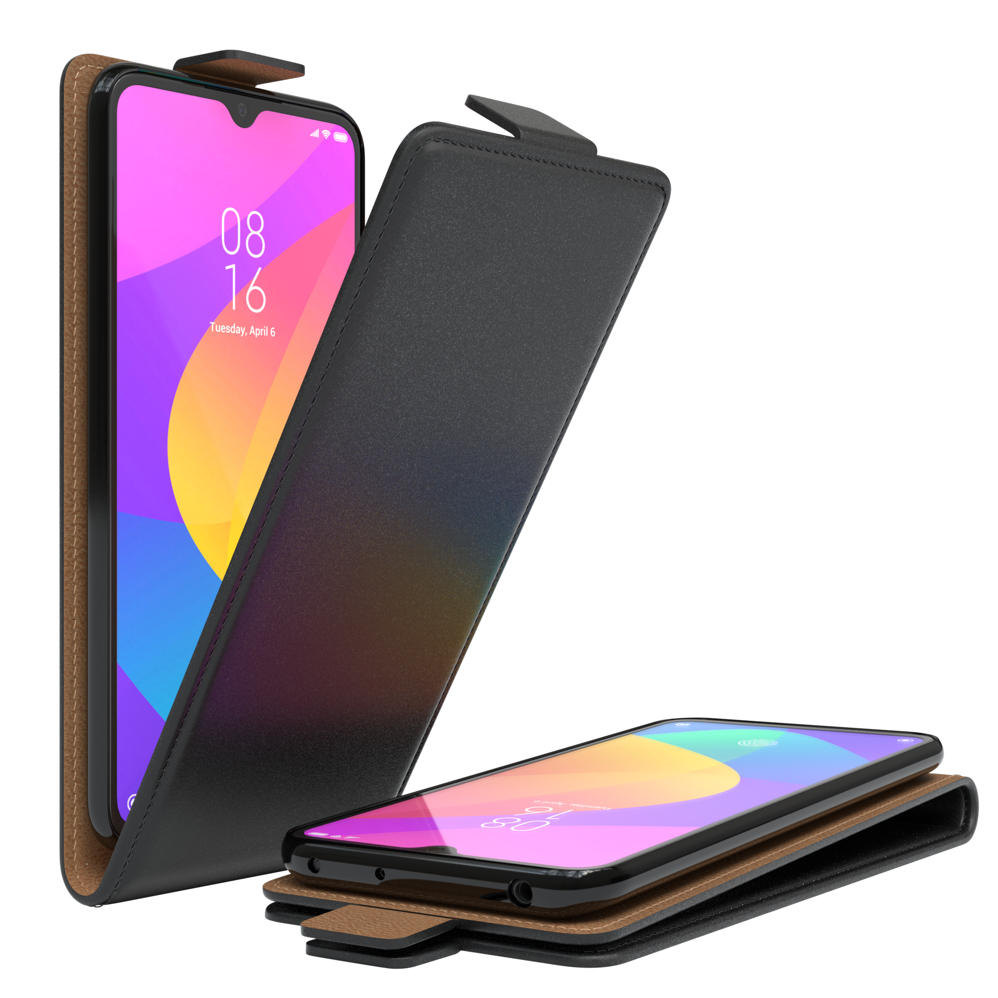 Zwei Smartphones in Lederhüllen, eins offen und eins geschlossen, vor weißem Hintergrund.