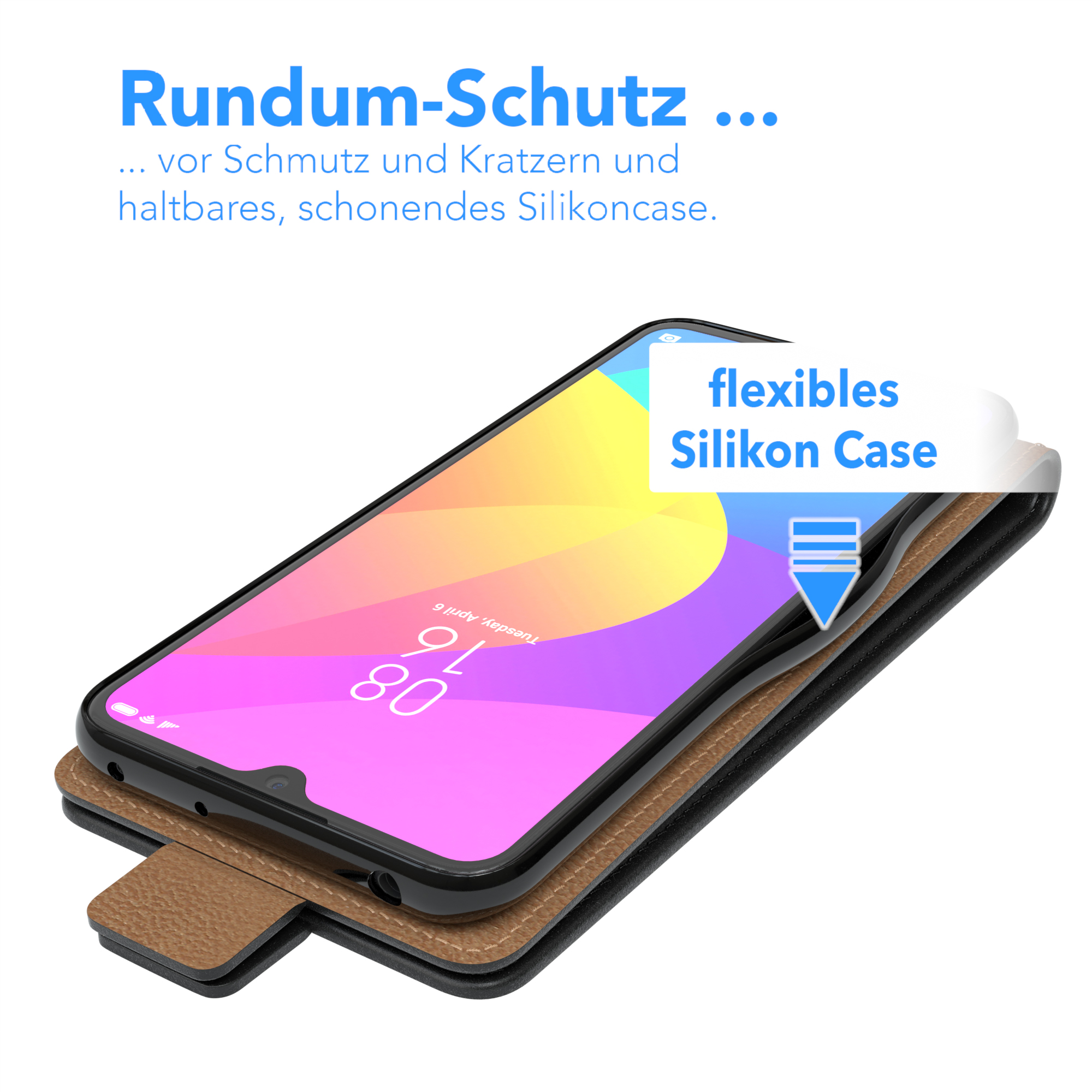 Telefon in einer Hülle. Das Telefon befindet sich in einer braunen Hülle. Der Text oben lautet Rundum-Schutz.