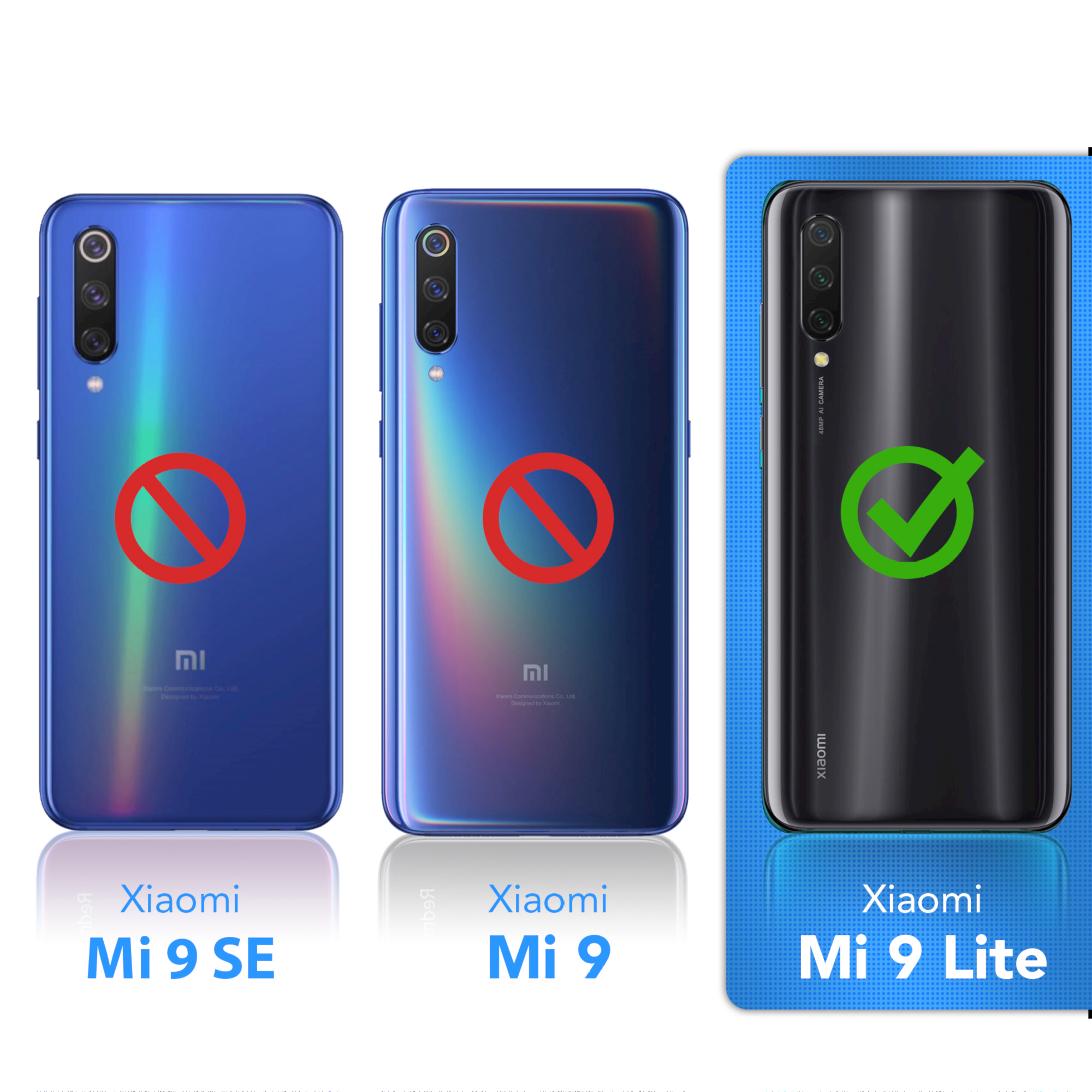 Drei Xiaomi-Telefone: Mi 9 SE und Mi 9 sind nicht kompatibel. Mi 9 Lite ist kompatibel, durch Häkchen gekennzeichnet.