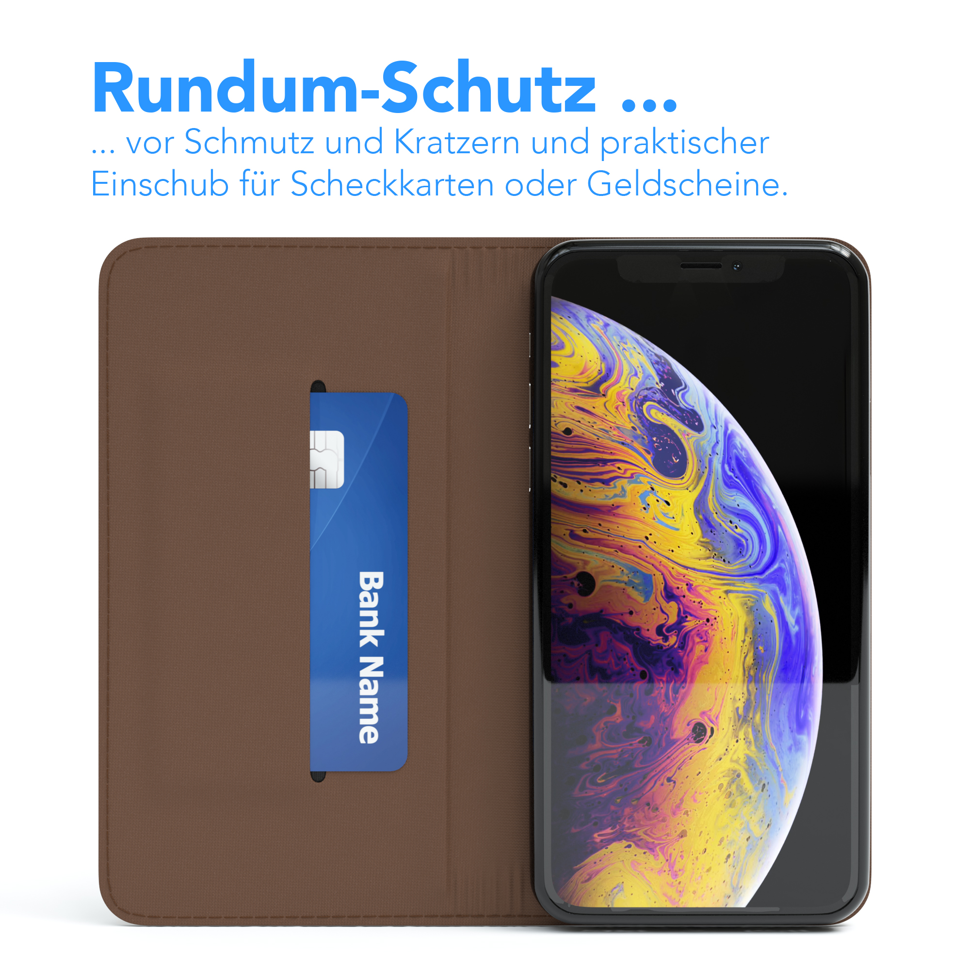 Handyhülle mit Kreditkarte und Ansicht des Bildschirms.
