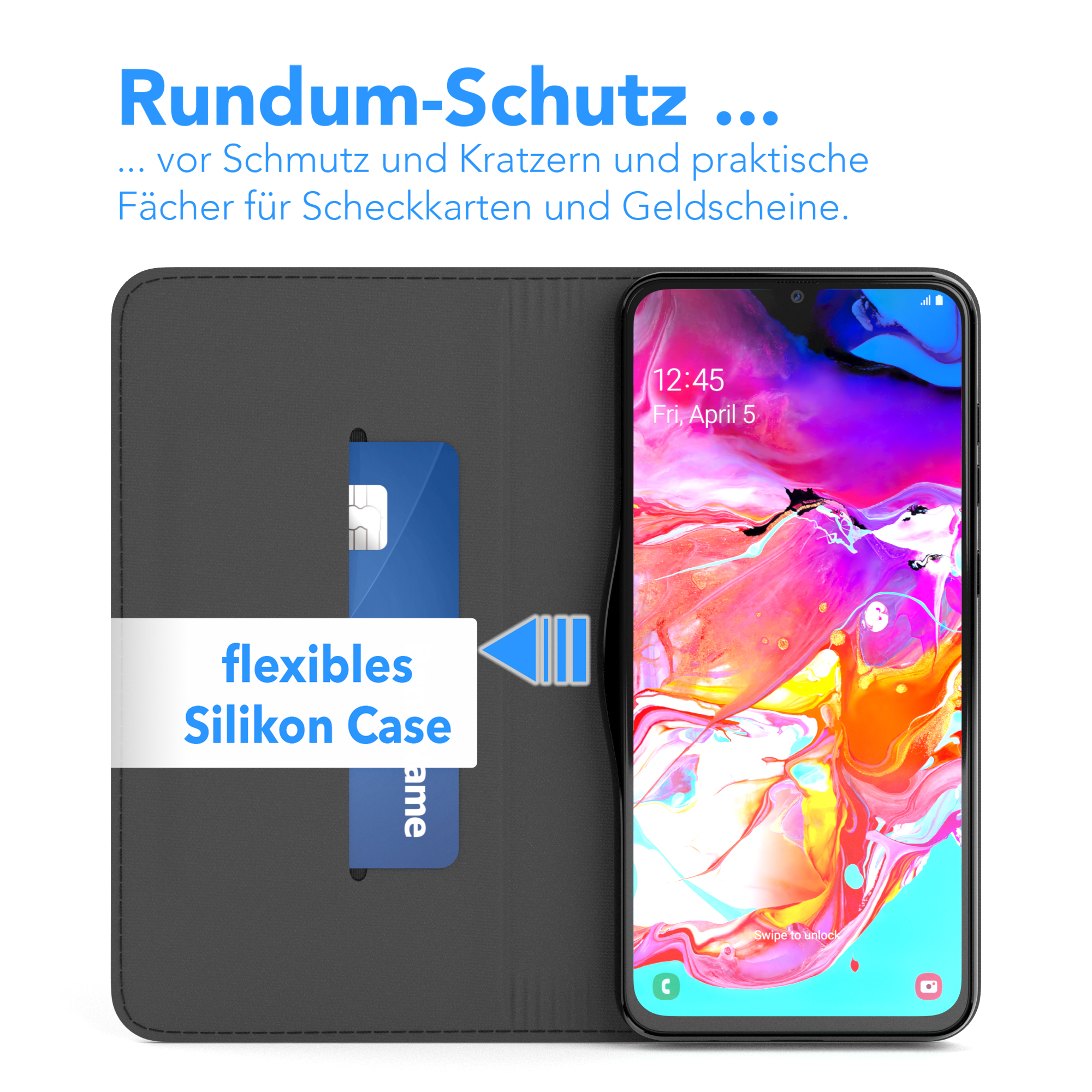 Schwarze Handyhülle mit blauer Karte. Telefon mit buntem Bildschirm auf dunklem Hintergrund.