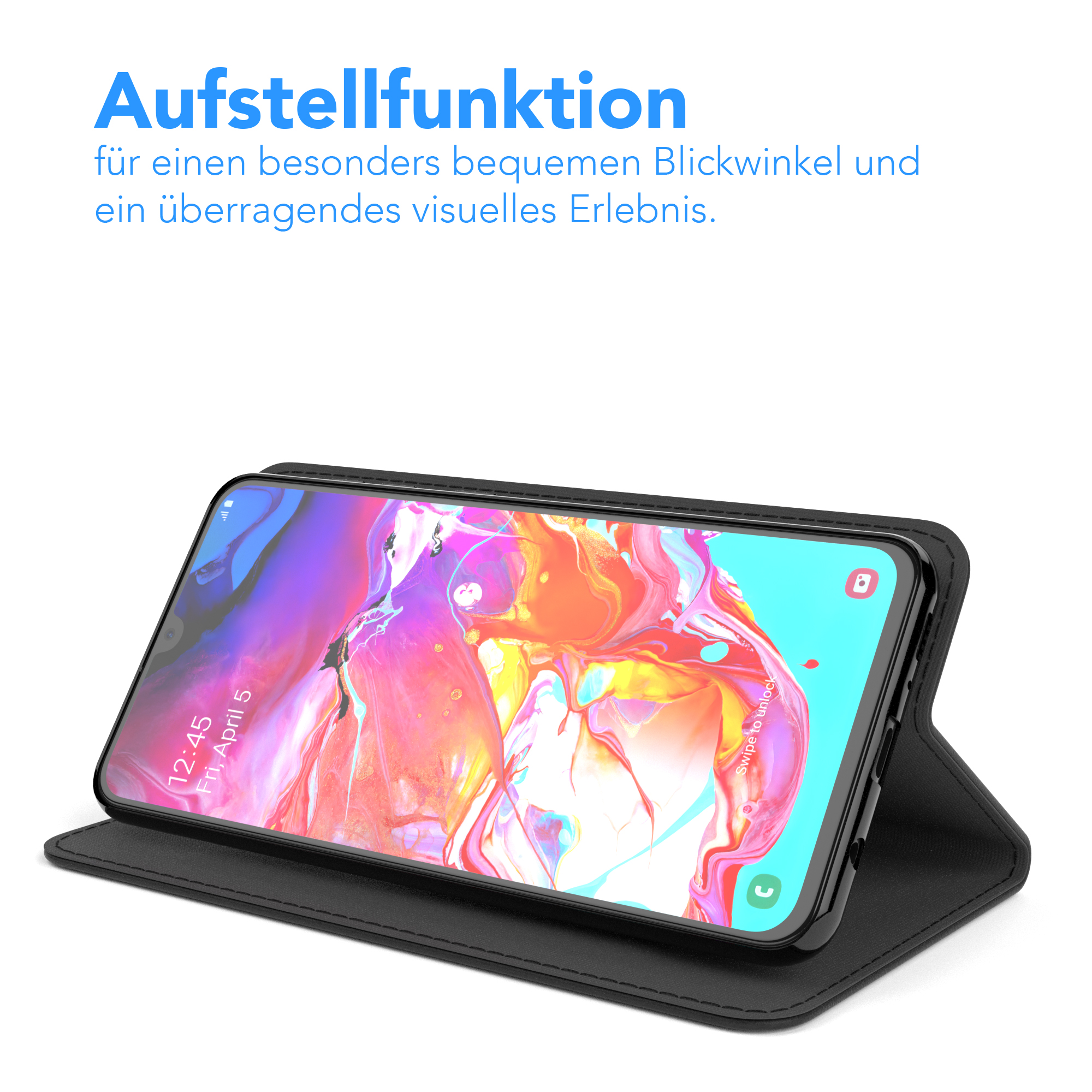 Schwarze Handyhülle mit Aufstellfunktion, zeigt ein offenes Telefon auf einem Tisch.