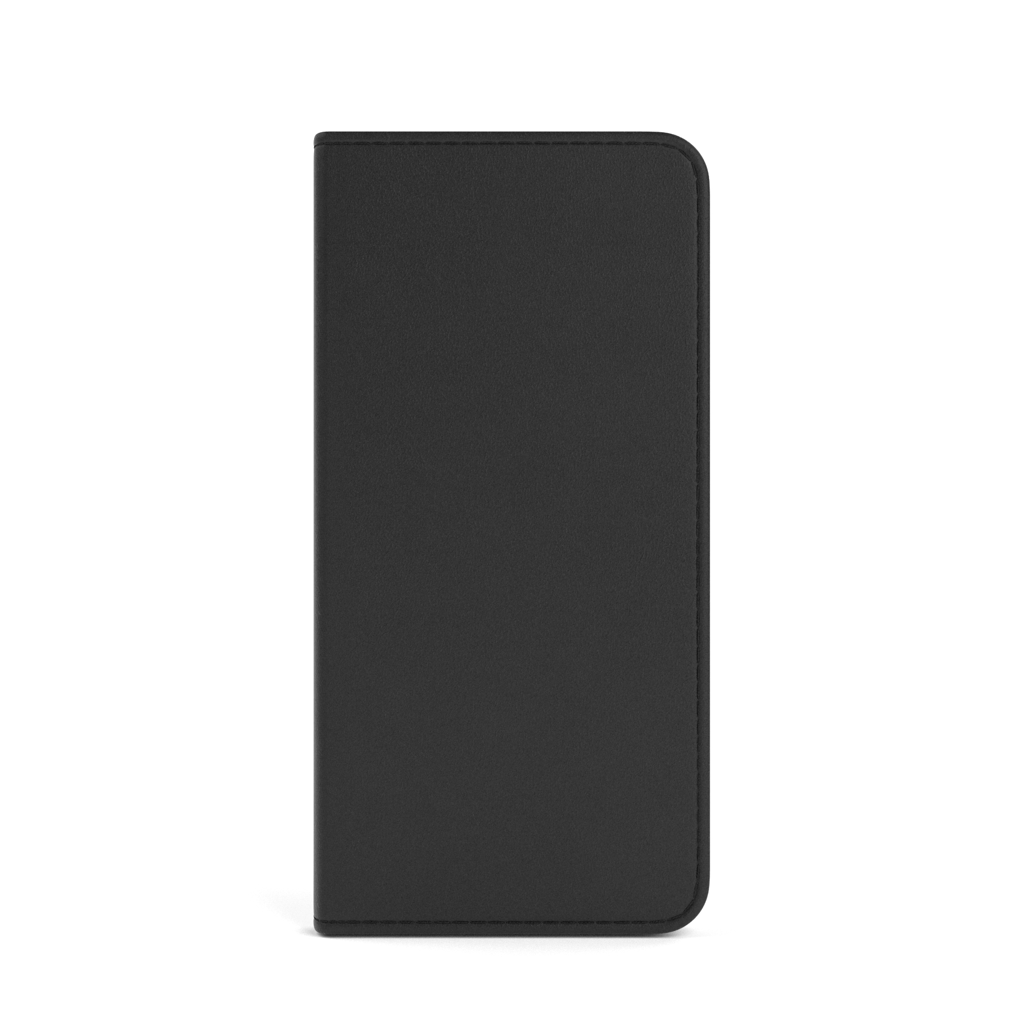 Schwarze Handyhülle. Schlichtes und elegantes Design. Die Hülle ist geschlossen und zeigt eine glatte Oberfläche.