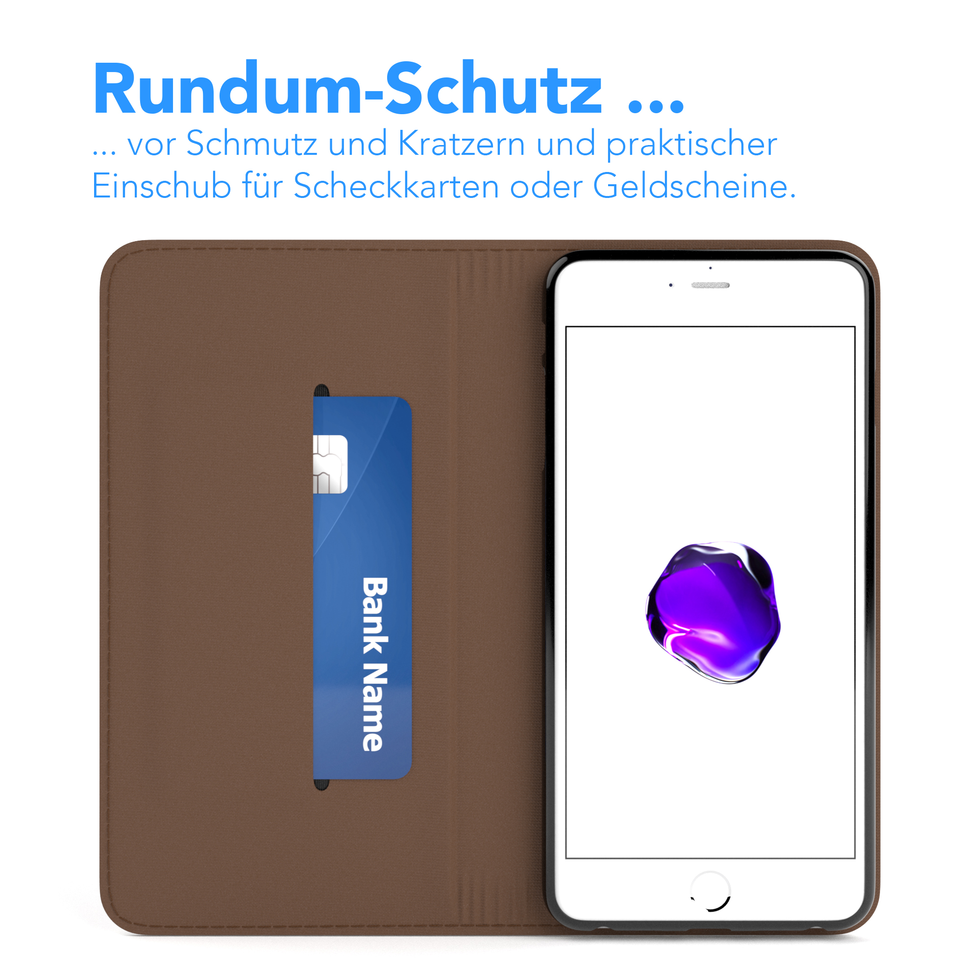 Ein Telefon in einer braunen Hülle mit Kartenfach. Eine blaue Karte im Fach. Ein weißes Telefon daneben.
