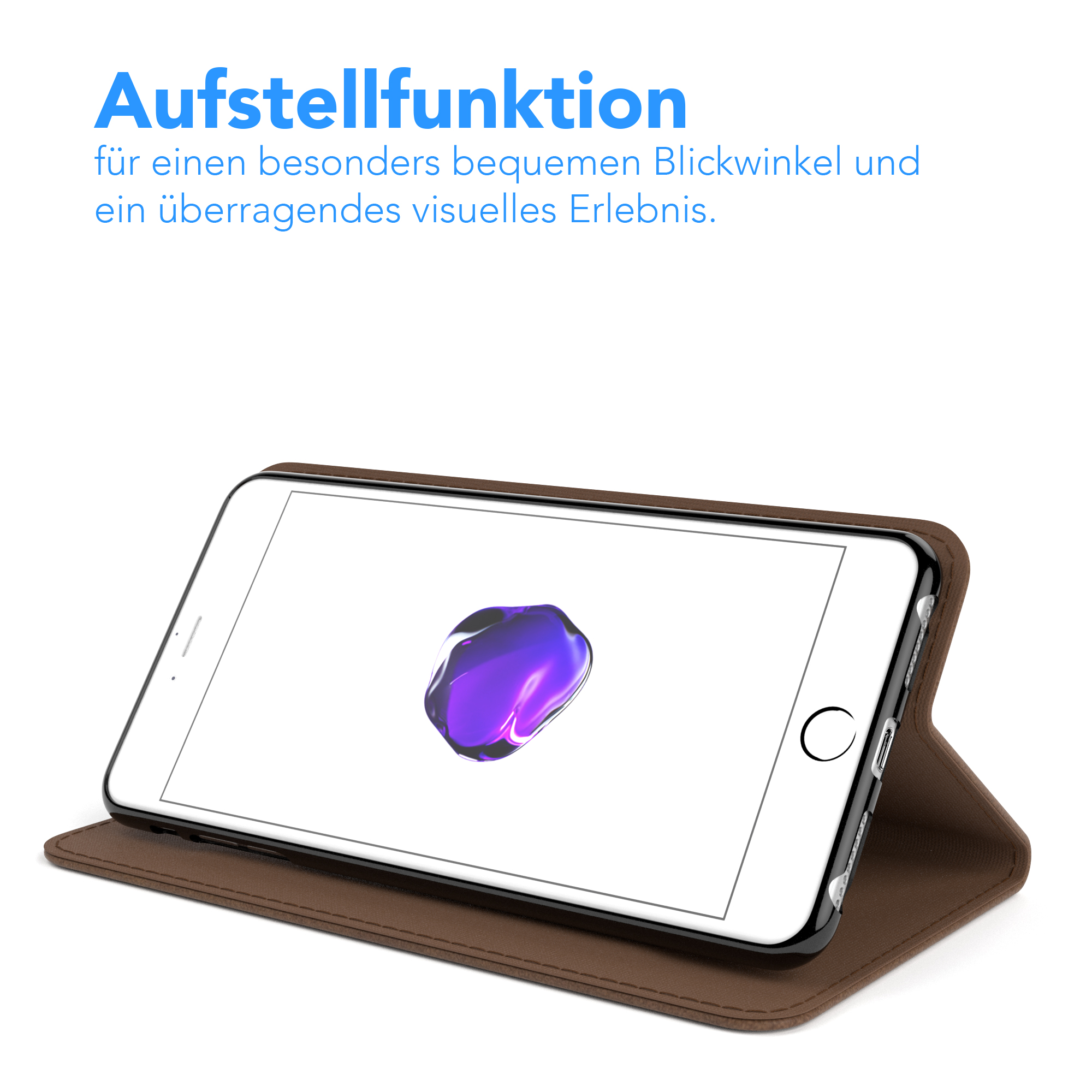 Ein iPhone in einer braunen Hülle, Bildschirm zeigt ein lila-weißes Design.