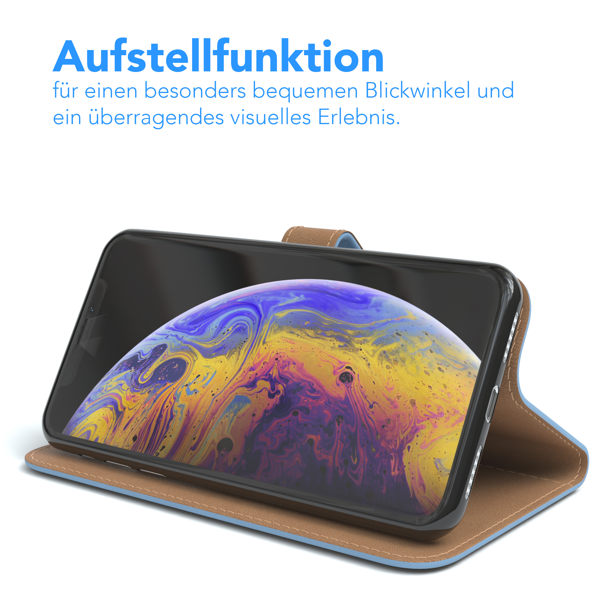 Telefon in einer Hülle in einem abgewinkelten Zustand. Der Bildschirm des Telefons hat einen bunten, abstrakten Hintergrund.