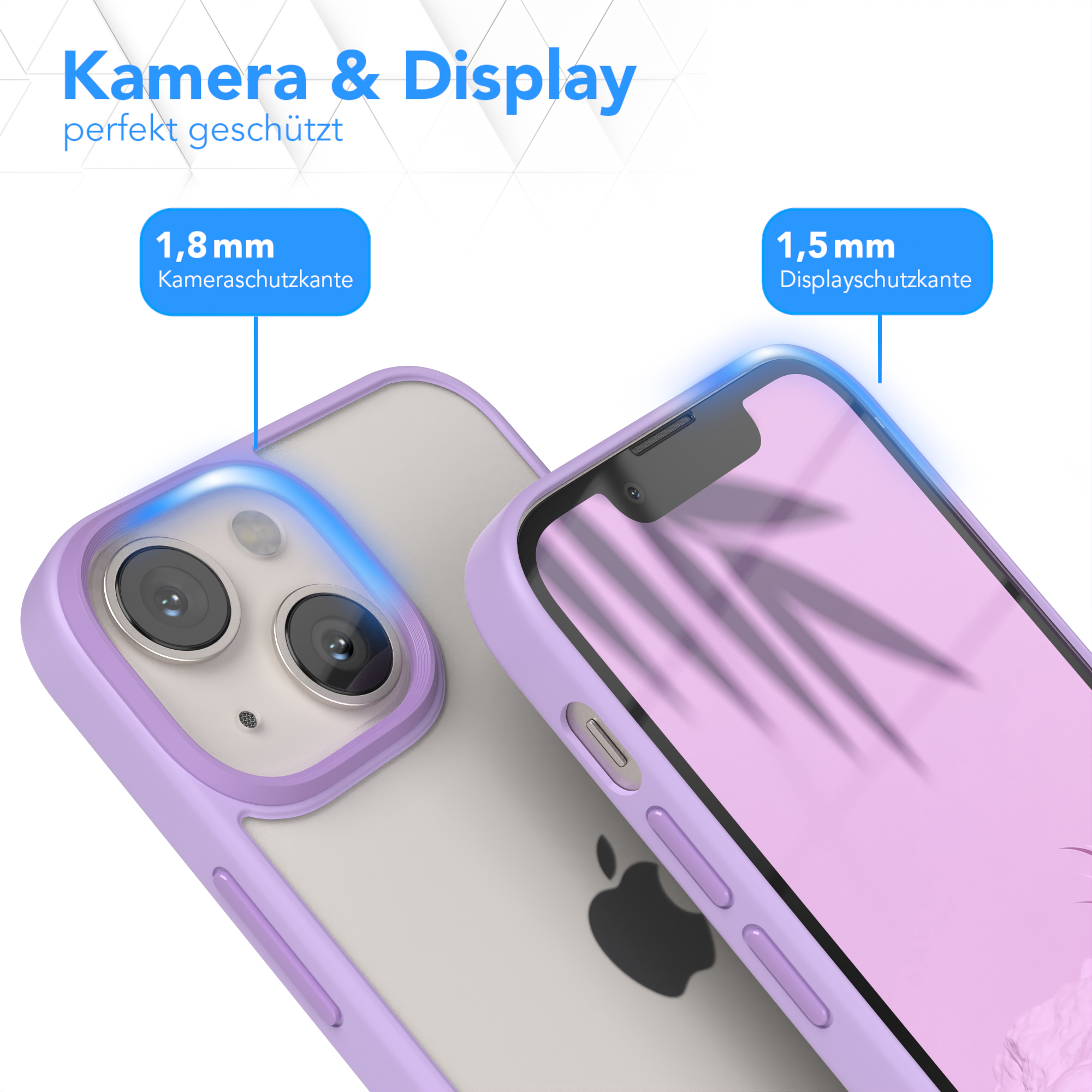 Nahaufnahme einer Handyhülle auf einem Telefon, mit Text über Kamera- und Displayschutz.