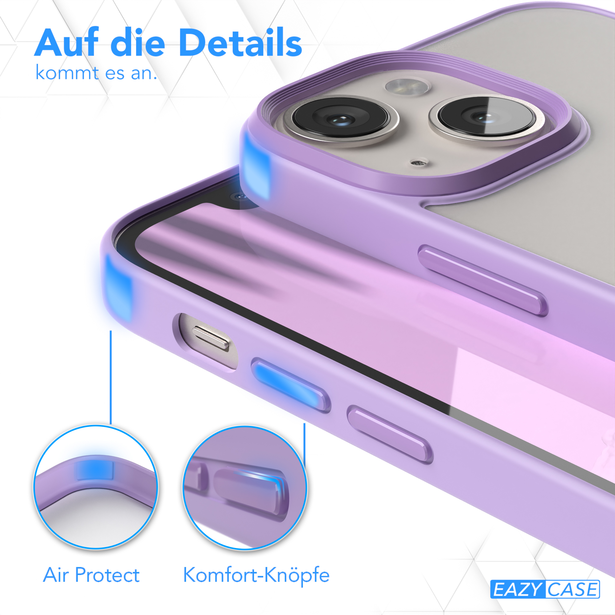 Nahaufnahme einer Handyhülle. Text kennzeichnet Air Protect und Komfort-Knöpfe.