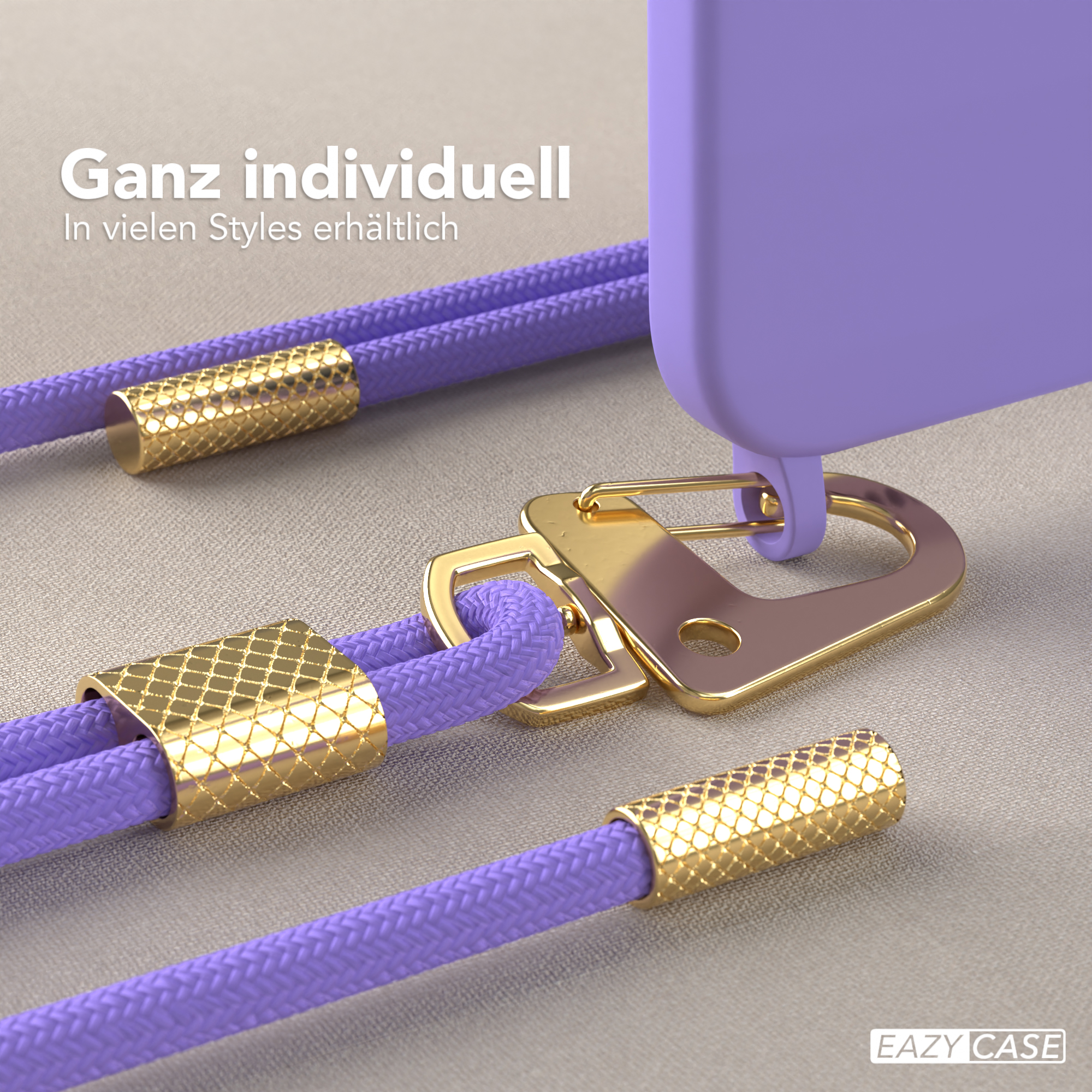 Nahaufnahme einer Handyhülle mit lavendelfarbener Schnur. Goldene Details sind sichtbar.