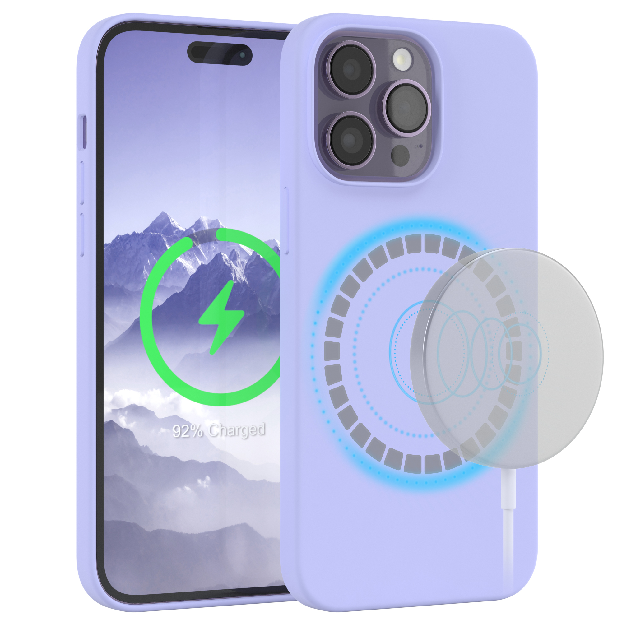 Lilafarbene Handyhülle mit Ladepad. Das Telefon zeigt eine Ladeanzeige.