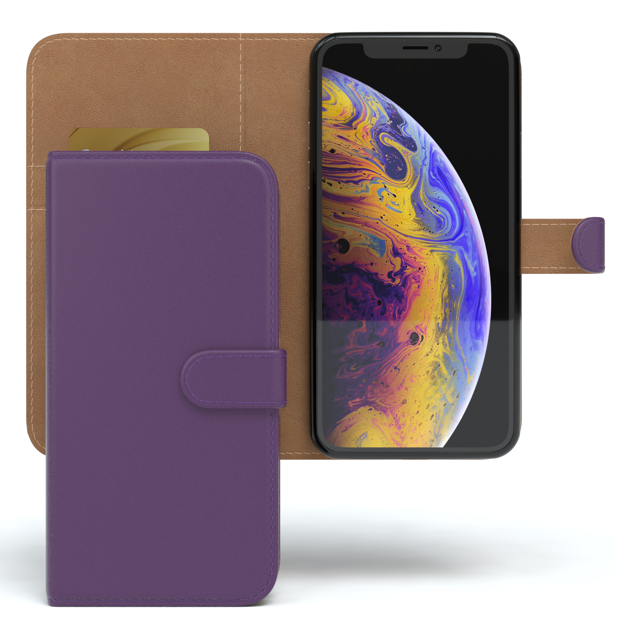 Lila Handyhülle mit Telefon darin. Telefon zeigt ein farbenfrohes Design.
