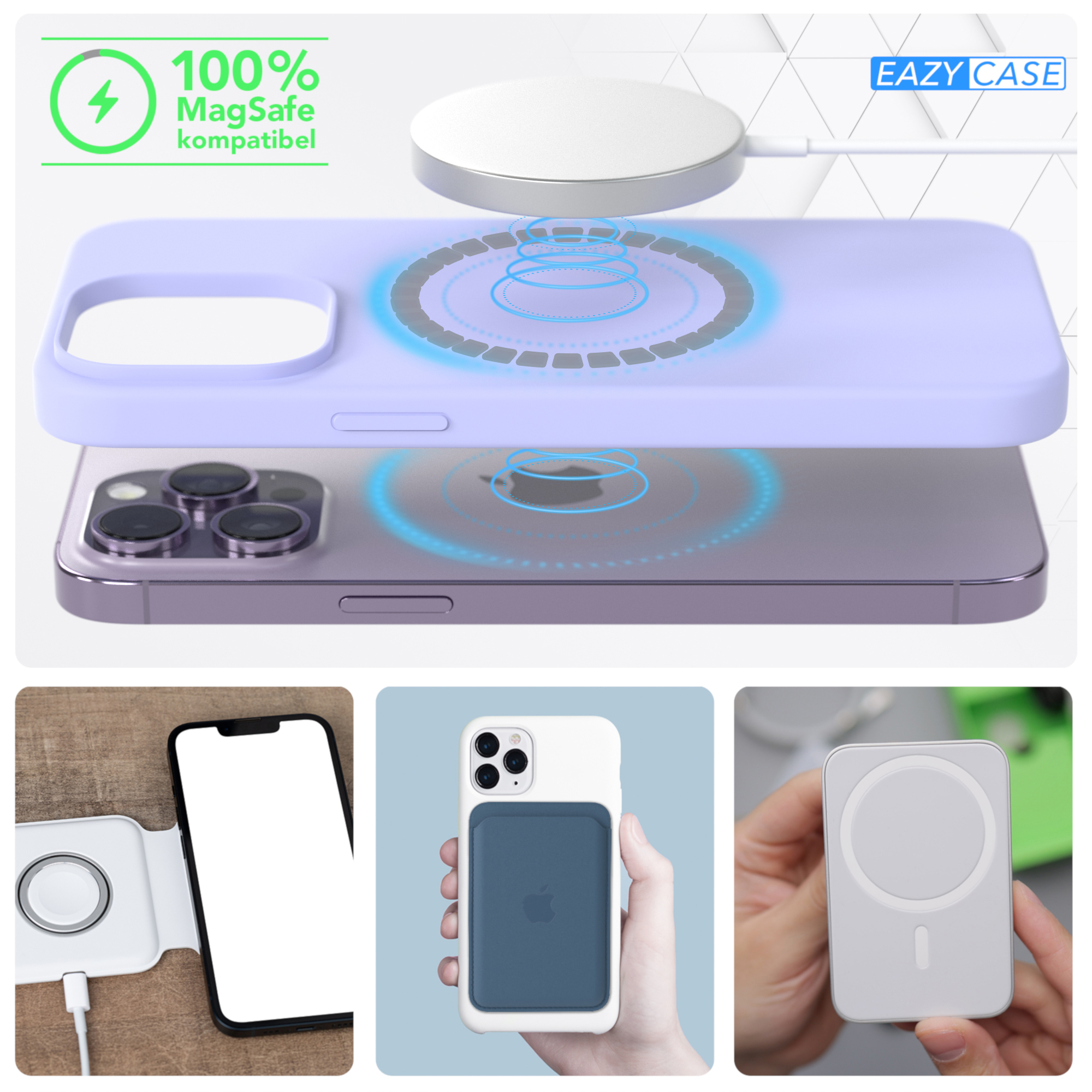 MagSafe-kompatible Handyhülle auf einem Telefon, mit Ladepad und Geldbörse.
