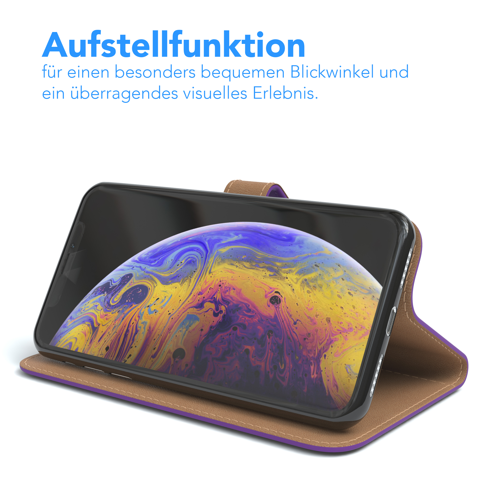 Telefon in Hülle, aufgestellt. Der Telefonbildschirm zeigt einen bunten Wirbel.