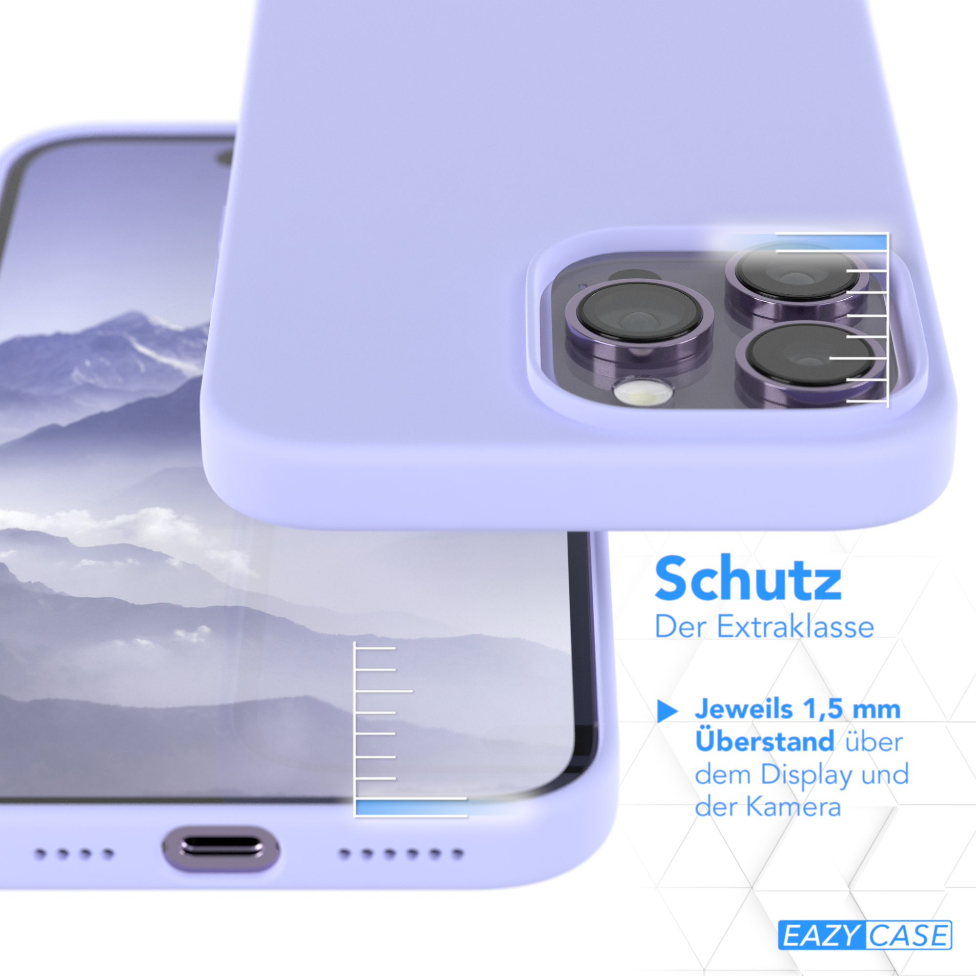 Lila Handyhülle auf einem Telefon, zeigt Kameraschutz und Gehäuseränder.