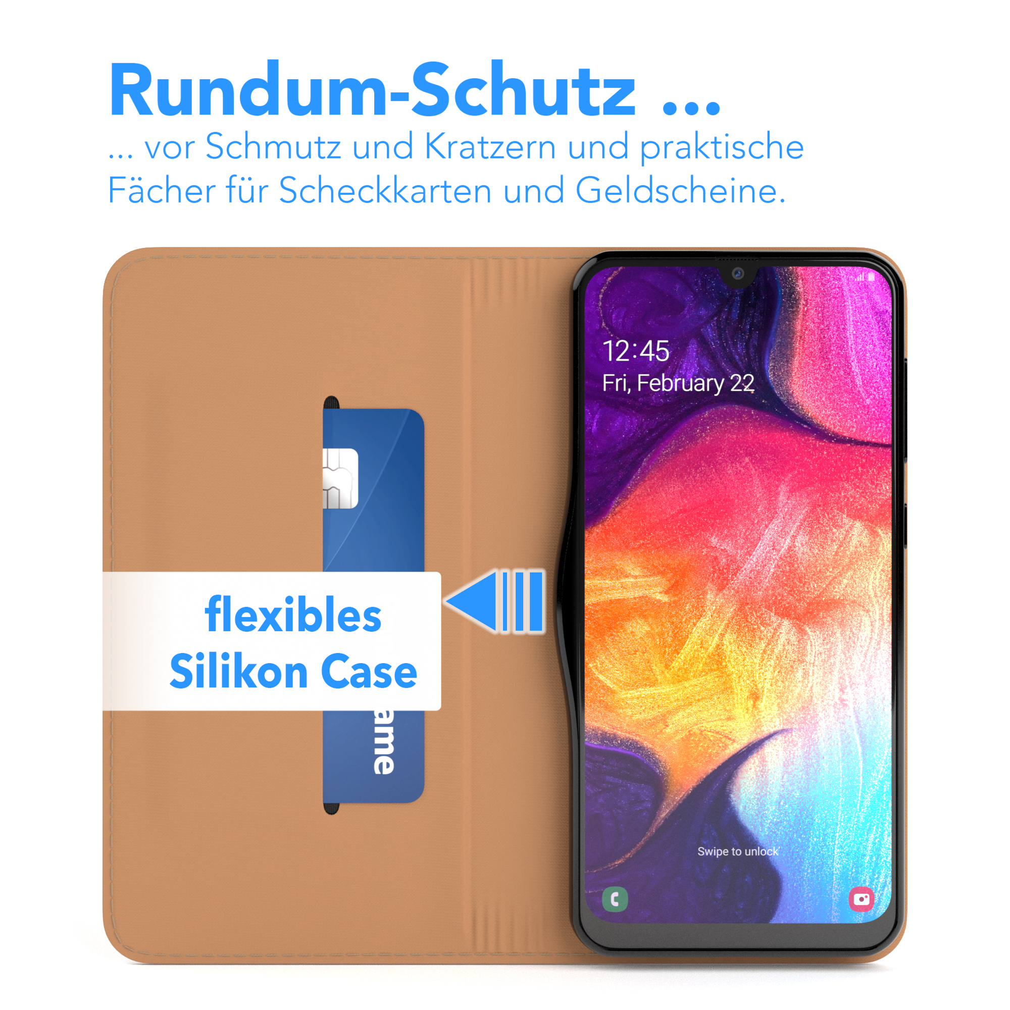 Telefon in brauner Hülle mit Kreditkarte. Text: flexible Silikonhülle.