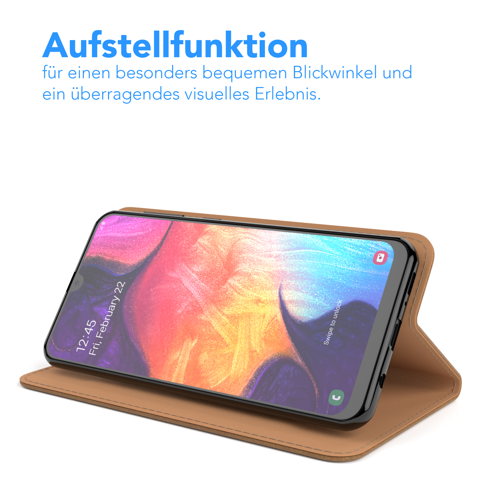 Telefon in brauner Lederhülle, geöffnet. Bildschirm zeigt farbiges Bild mit Uhrzeit.