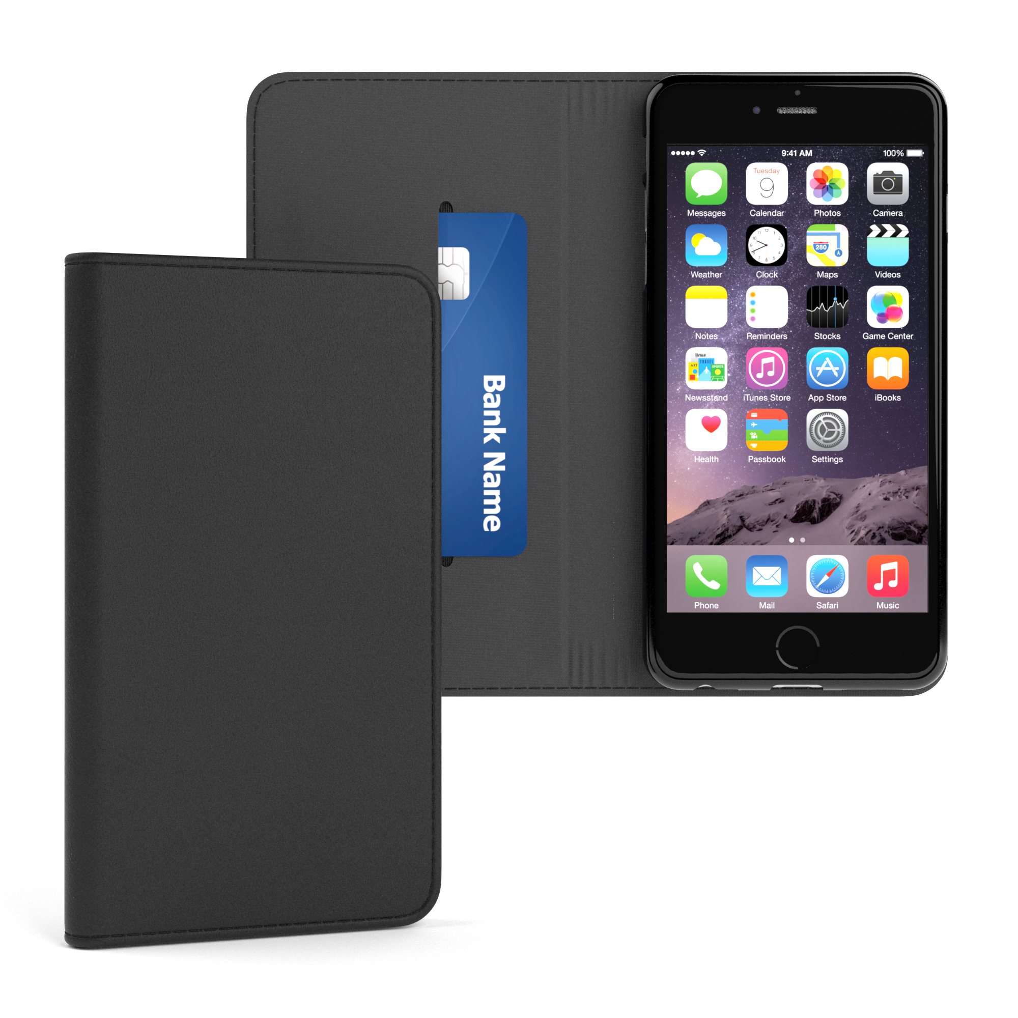 Schwarzes Telefon mit Hülle. Hülle ist schwarz mit blauer Karte in Tasche. Telefonbildschirm sichtbar.